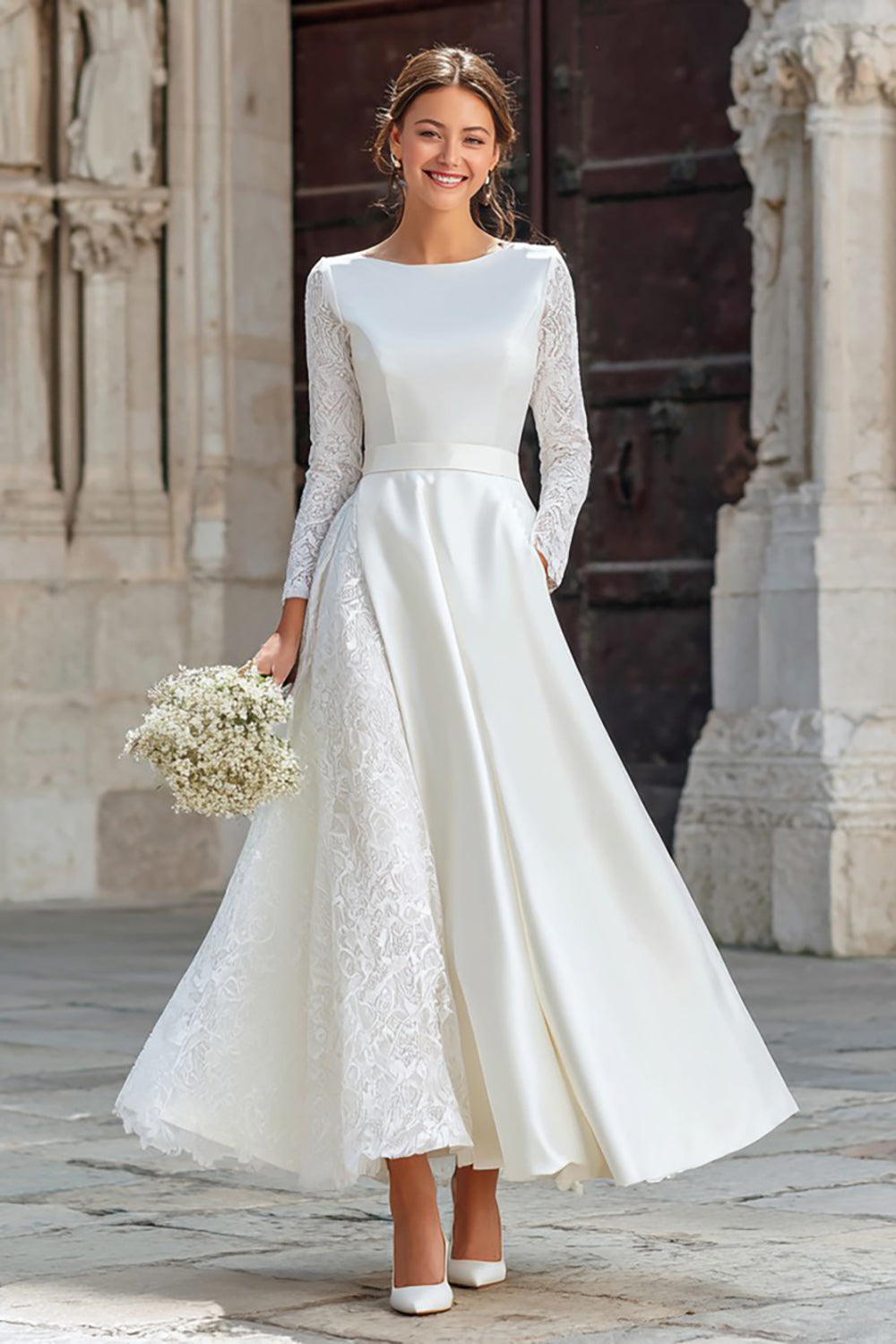 Ivory A Line Boat Neck Wedding Reception Dress with Lace