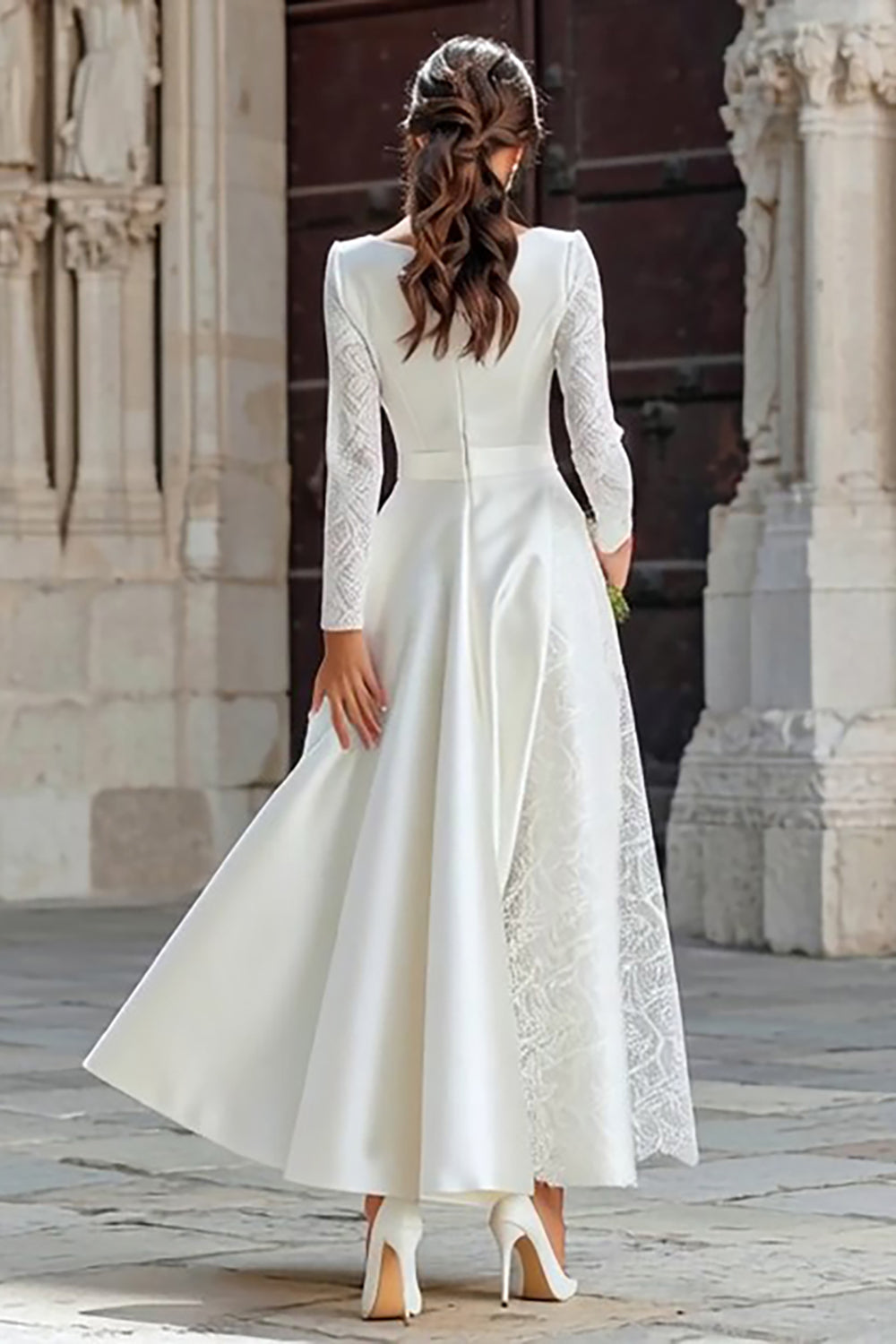 Ivory A Line Boat Neck Wedding Reception Dress with Lace