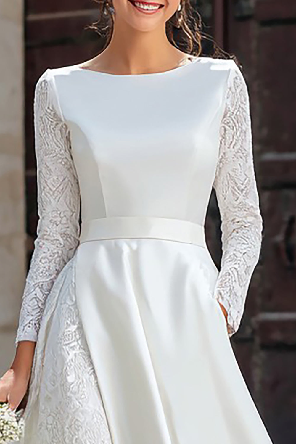 Ivory A Line Boat Neck Wedding Reception Dress with Lace