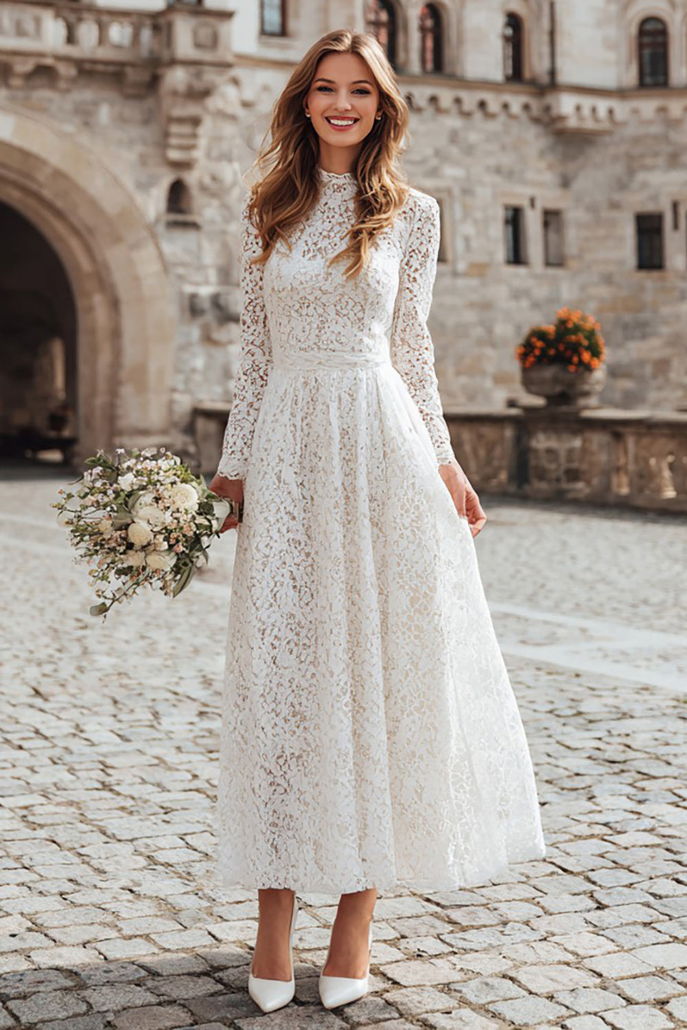 Robe de répétition ivoire en dentelle coupe trapèze col montant