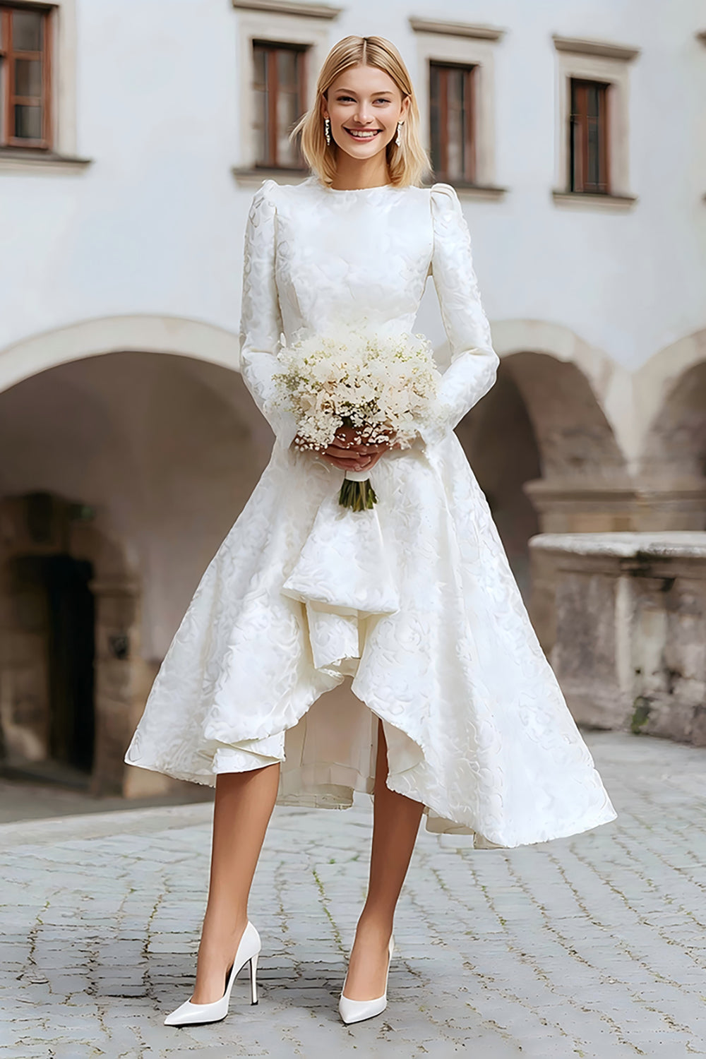 Ivory Round Neck Jacquard A Line Courthouse Wedding Dress