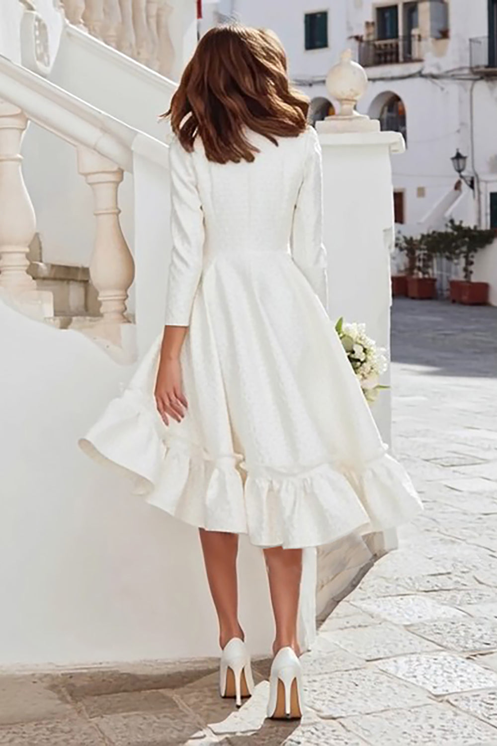 Ivory Long Sleeve A Line Midi Engagement Dress with Ruffles