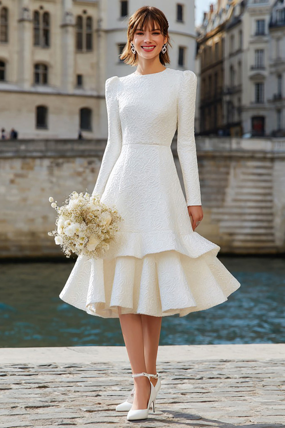Ivory Round Neck A-Line Long Sleeve Midi Engagement Dress