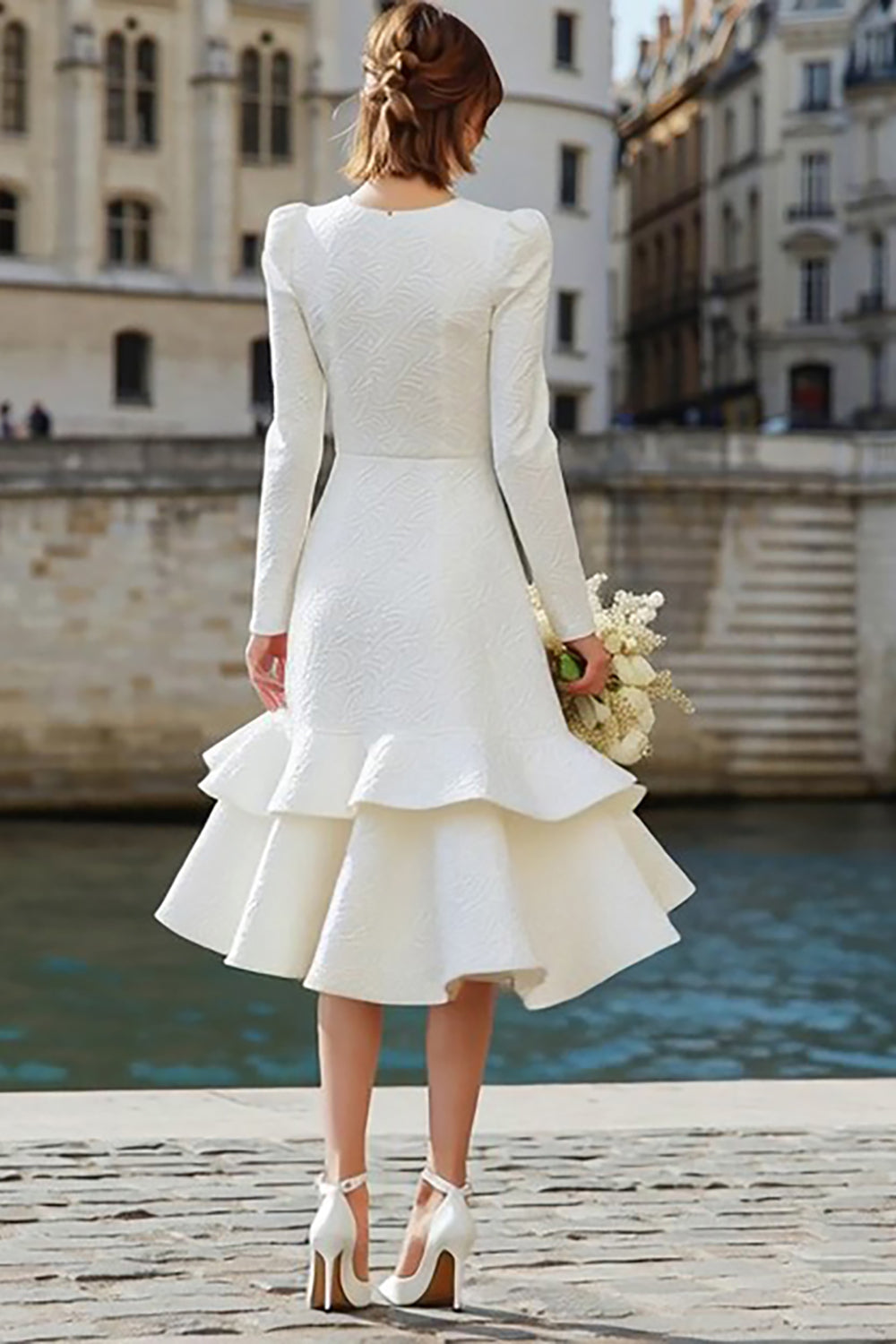 Ivory Round Neck A-Line Long Sleeve Midi Engagement Dress