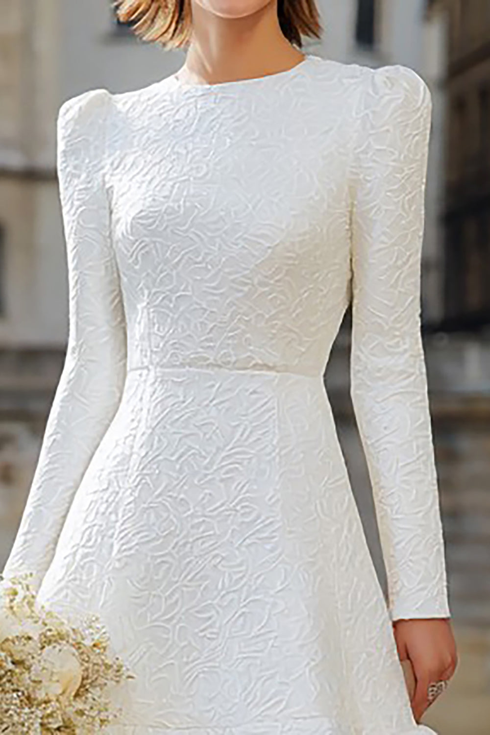 Ivory Round Neck A-Line Long Sleeve Midi Engagement Dress