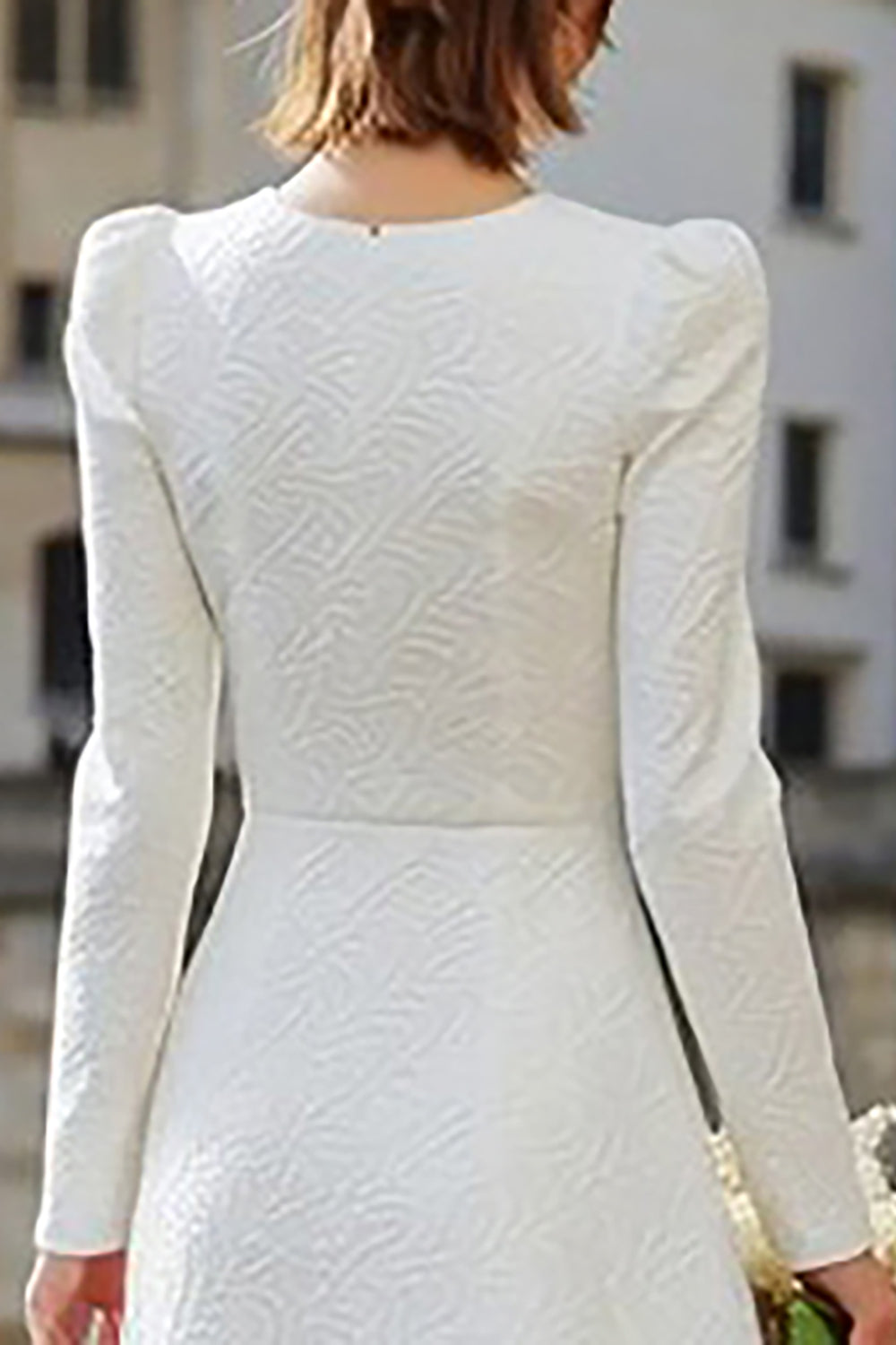Ivory Round Neck A-Line Long Sleeve Midi Engagement Dress