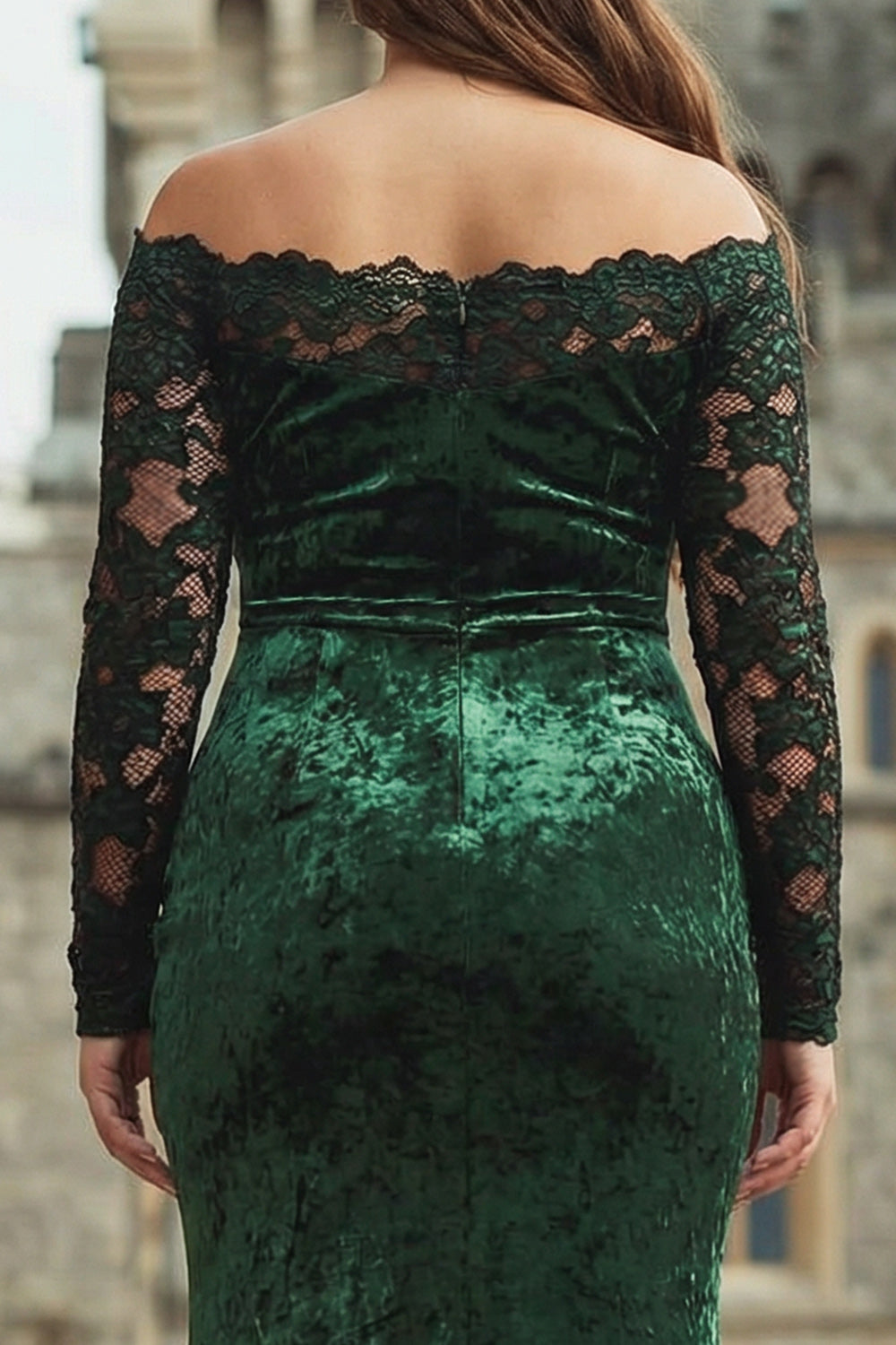 Plus Size Dark Green Velvet Lace Off the Shoulder Formal Dress with Long Sleeves