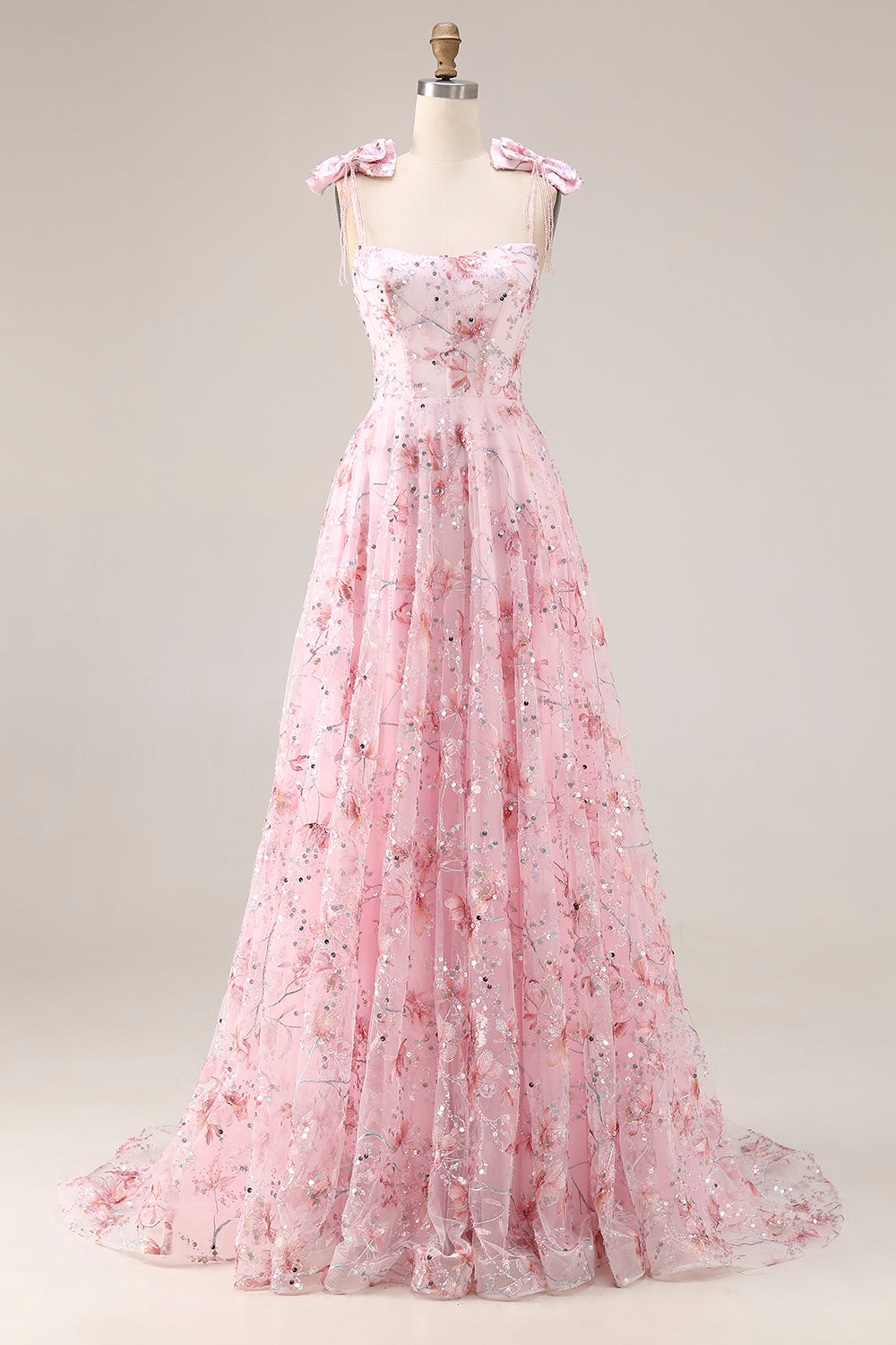 Sparkly Pink Floral A-Line Sequin Long Prom Dress with Bows