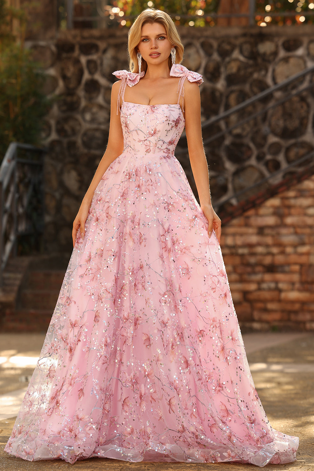 Sparkly Pink A-Line Floral Sequins Long Prom Dress with Bows