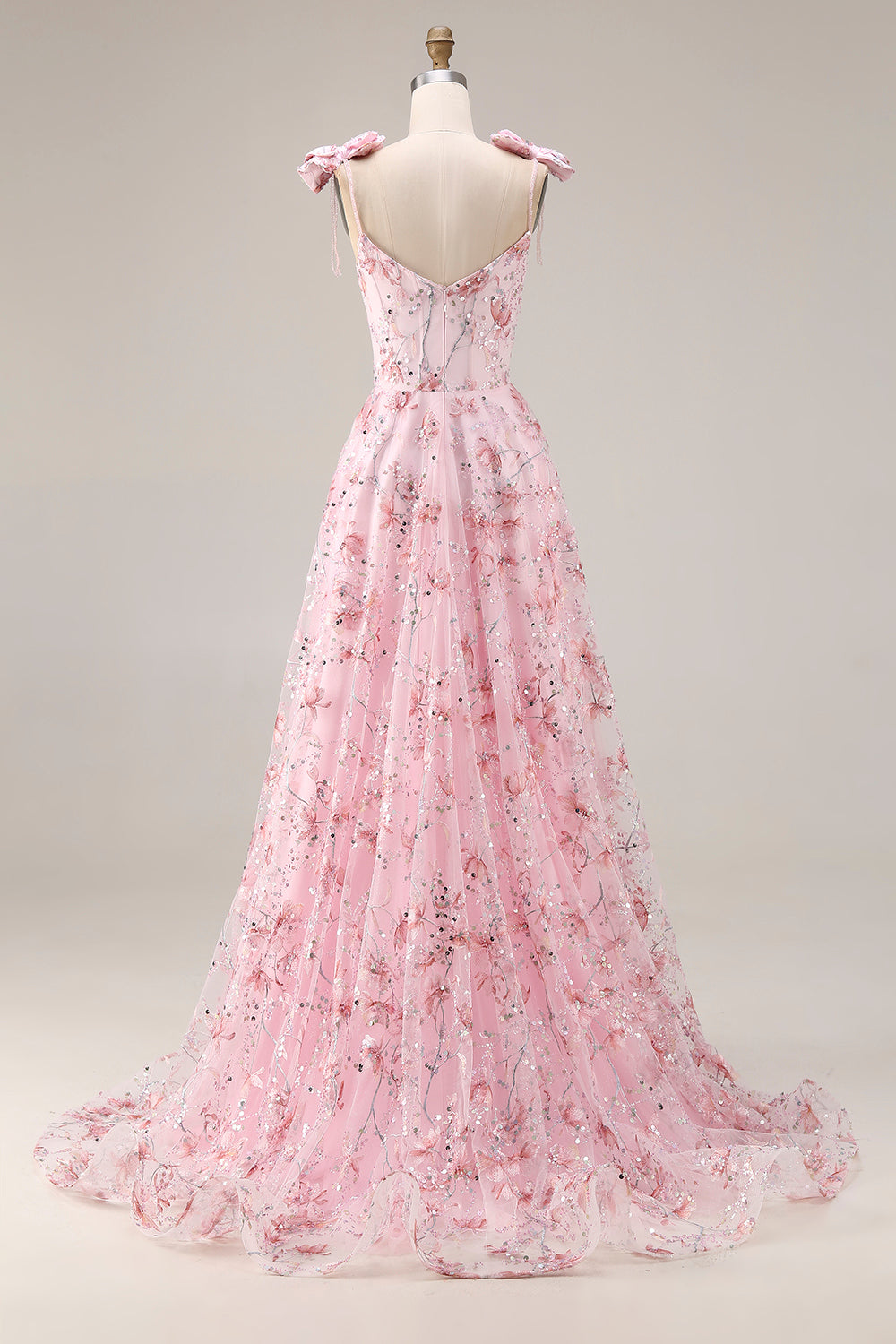 Sparkly Pink A-Line Floral Sequins Long Prom Dress with Bows