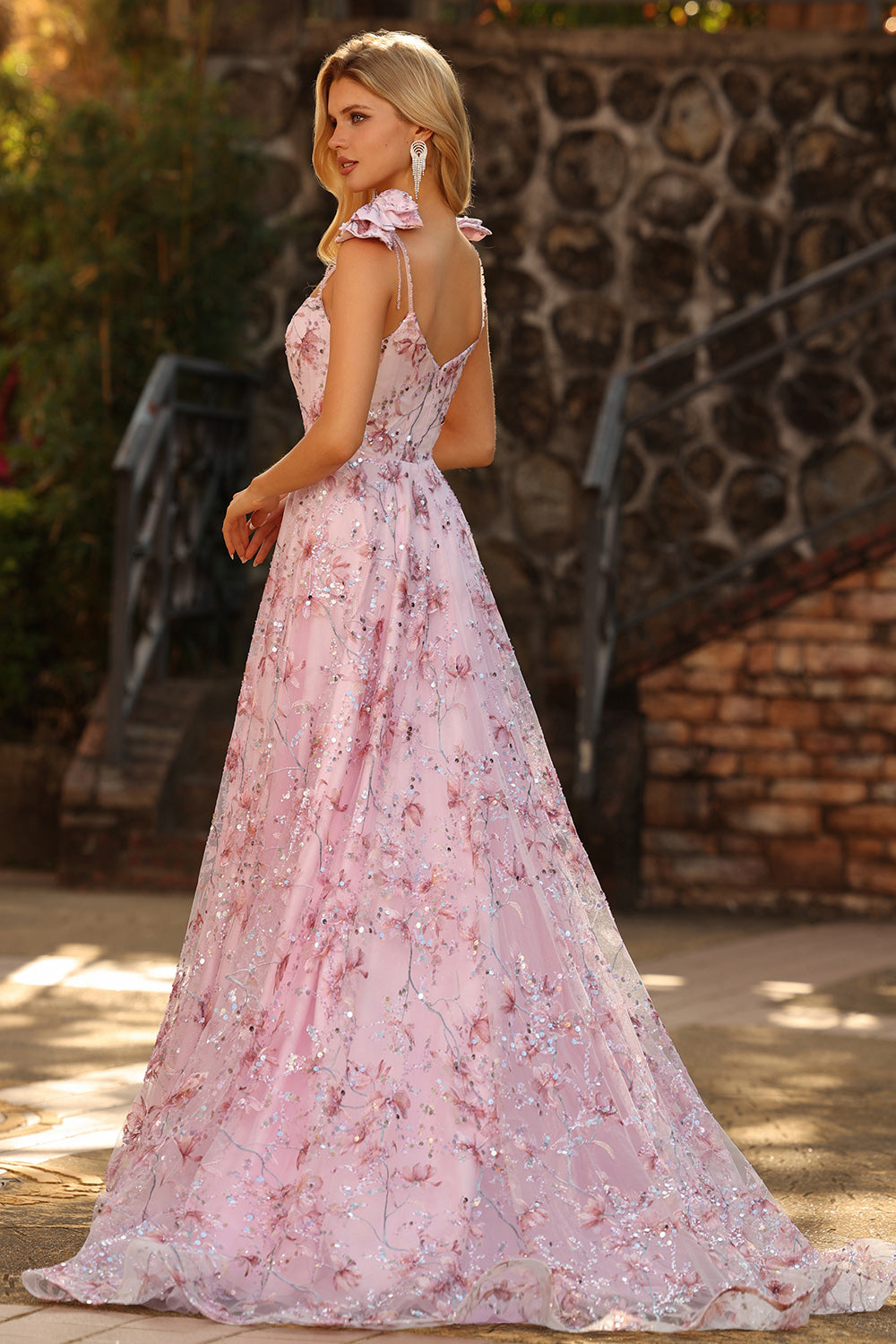 Sparkly Pink A-Line Floral Sequins Long Prom Dress with Bows