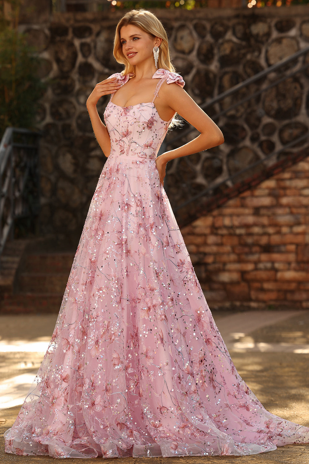 Sparkly Pink A-Line Floral Sequins Long Prom Dress with Bows