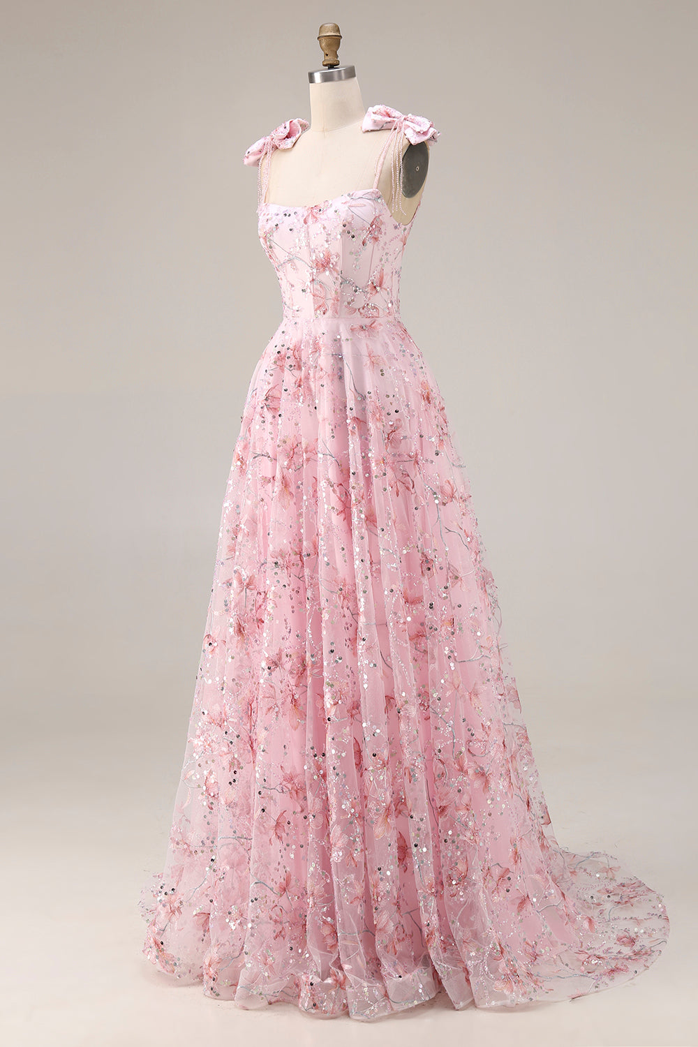 Sparkly Pink Floral A-Line Sequin Long Prom Dress with Bows