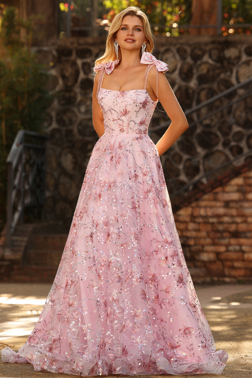 Sparkly Pink A-Line Floral Sequins Long Prom Dress with Bows