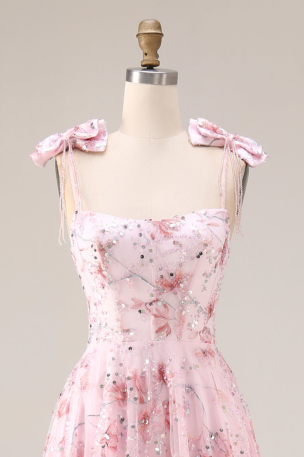 Sparkly Pink Floral A-Line Sequin Long Prom Dress with Bows