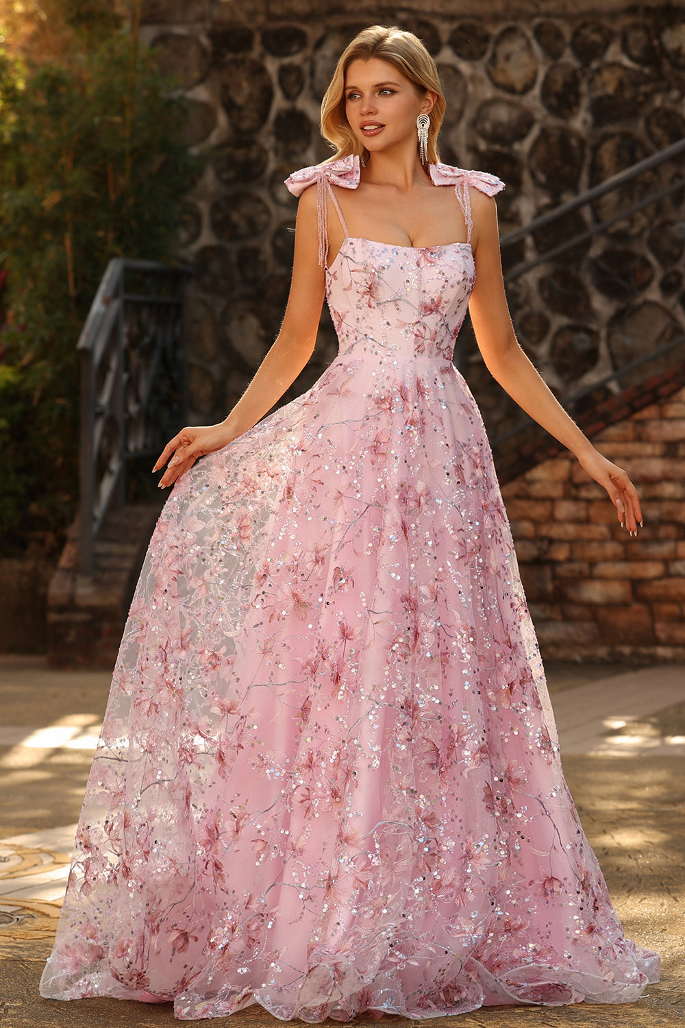 Sparkly Pink A-Line Floral Sequins Long Prom Dress with Bows