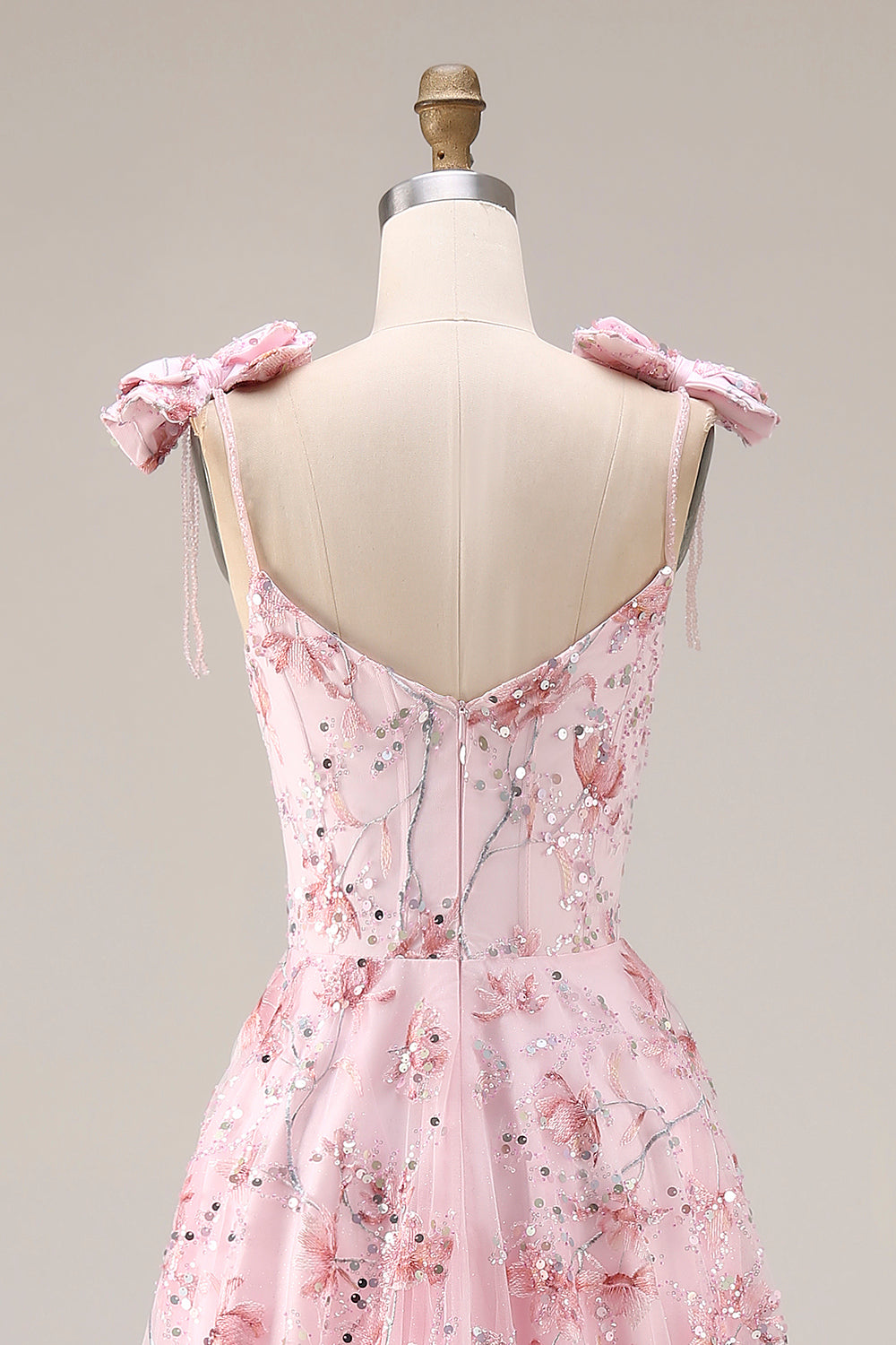 Sparkly Pink Floral A-Line Sequin Long Prom Dress with Bows