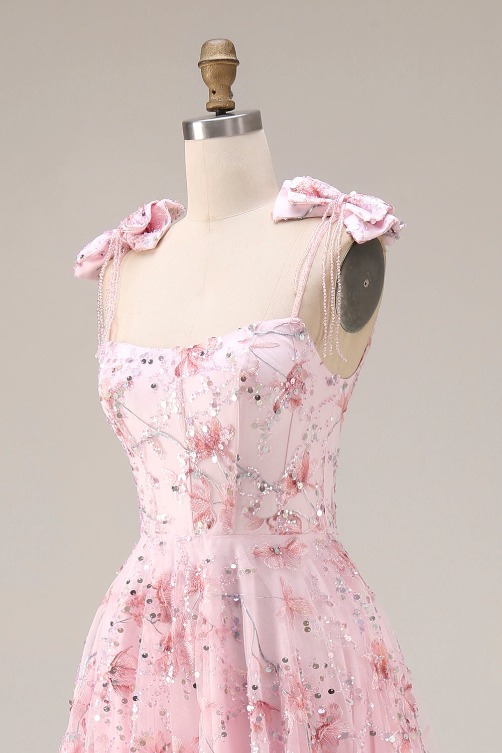Sparkly Pink Floral A-Line Sequin Long Prom Dress with Bows