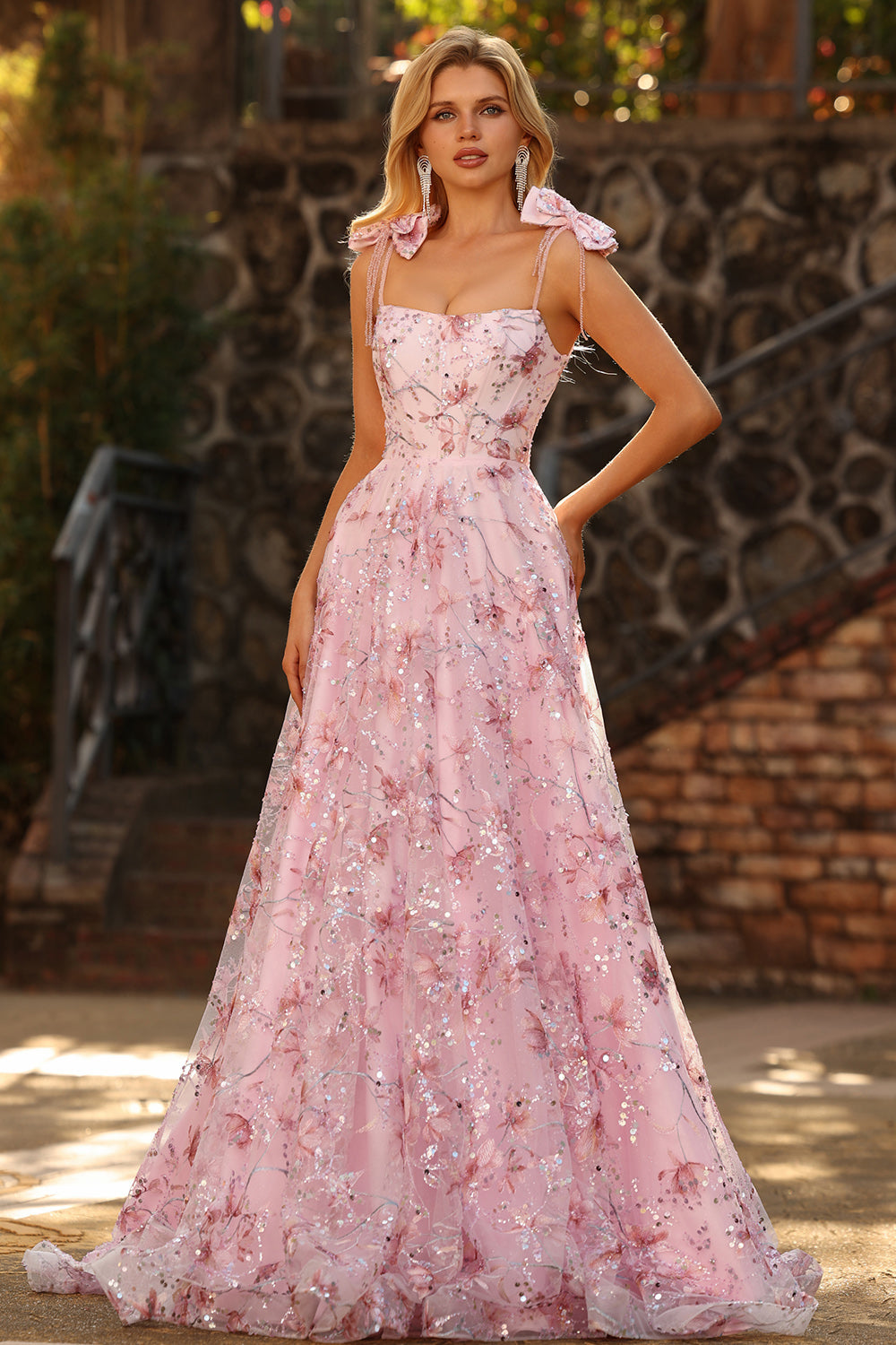 Sparkly Pink Floral A-Line Sequin Long Prom Dress with Bows