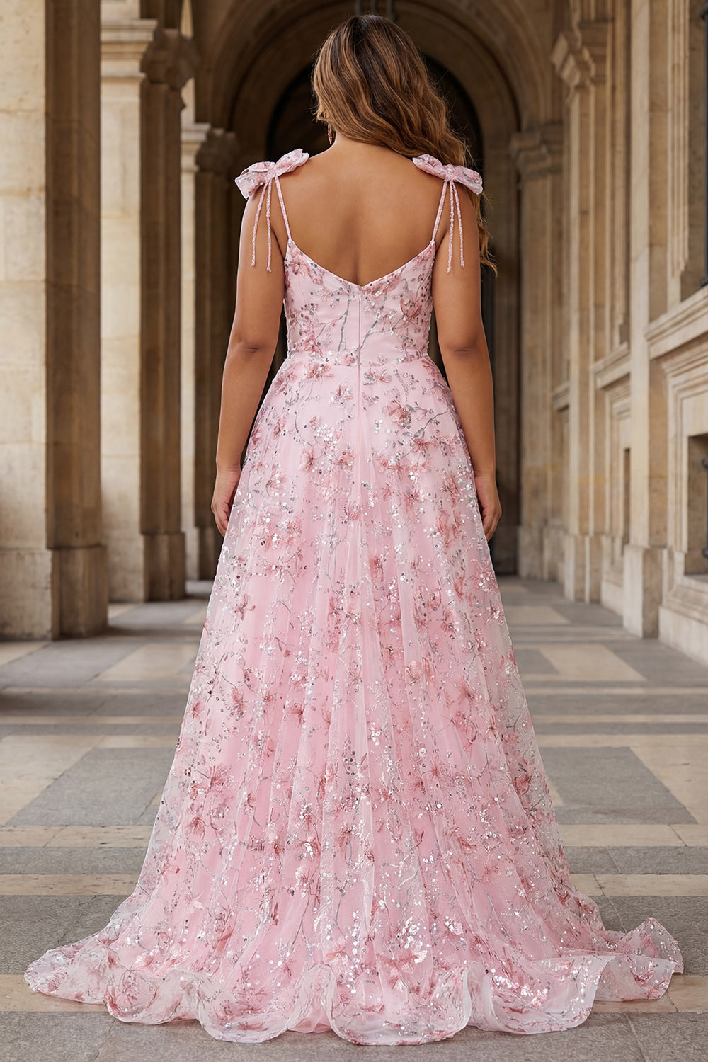 Sparkly Pink A-Line Floral Sequins Long Prom Dress with Bows