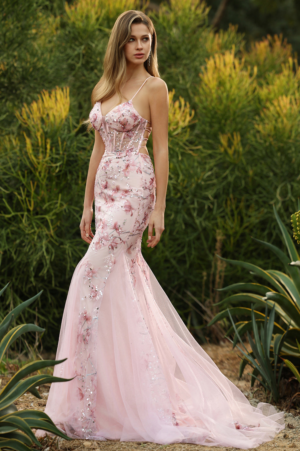 Vestido de Fiesta Largo Rosa con Corsé Floral de Sirena, Espalda con Cordones y Lentejuelas