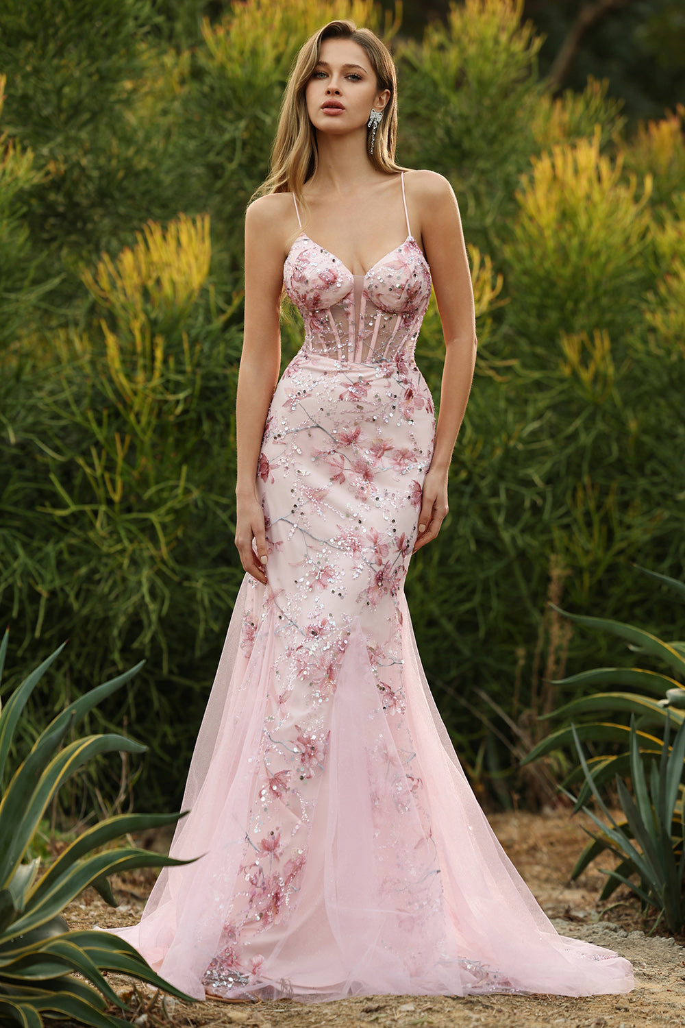 Vestido de Fiesta Largo Rosa con Corsé Floral de Sirena, Espalda con Cordones y Lentejuelas