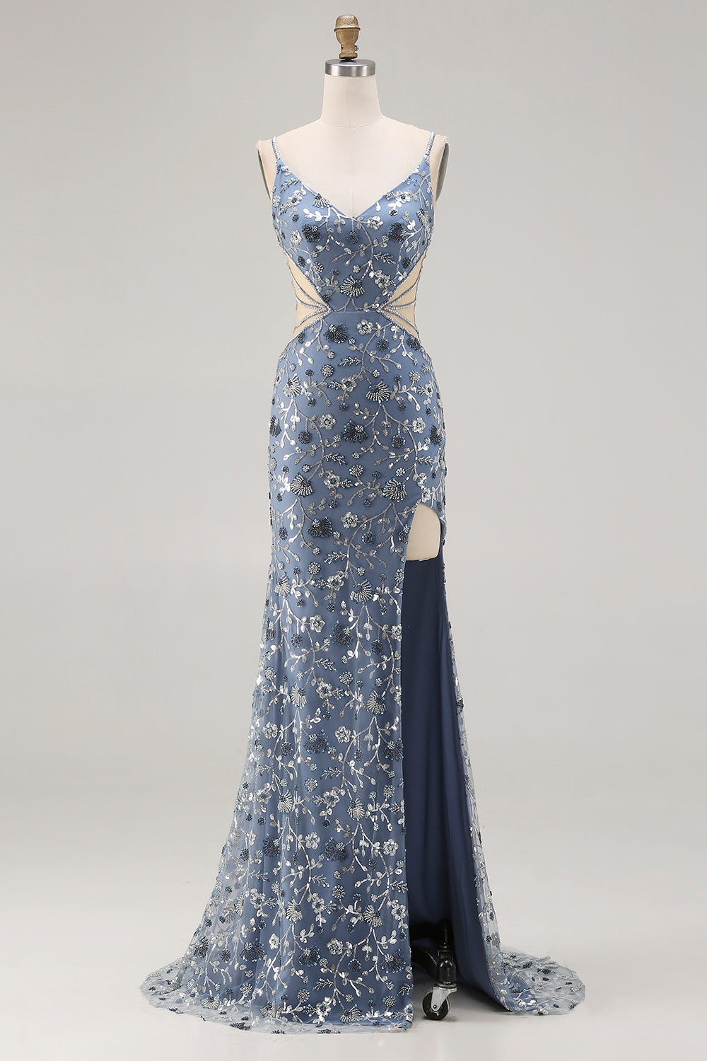 Mermaid Dusty Blue Sequins Beaded Cut Out Long Prom Dress with Slit
