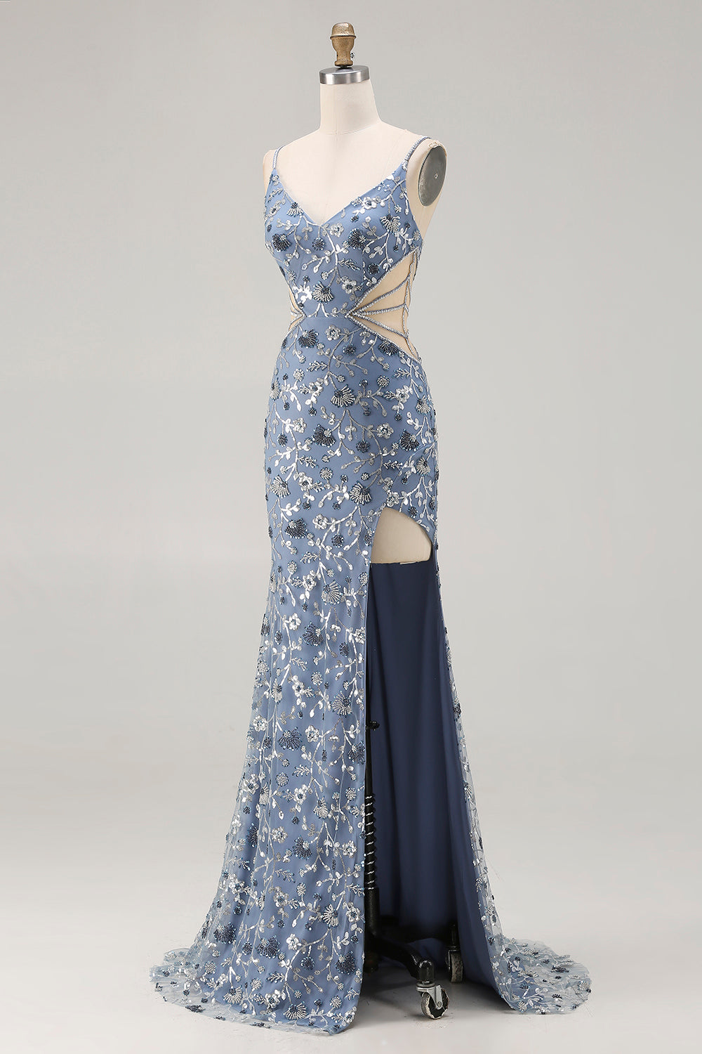 Mermaid Dusty Blue Sequins Beaded Cut Out Long Prom Dress with Slit