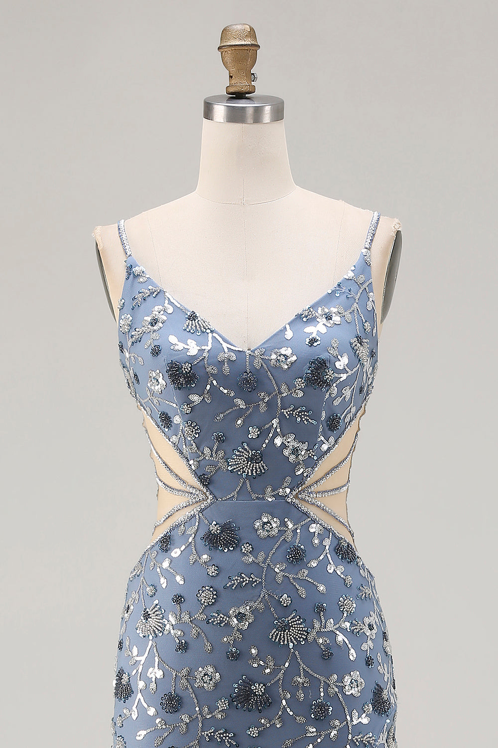 Mermaid Dusty Blue Sequins Beaded Cut Out Long Prom Dress with Slit