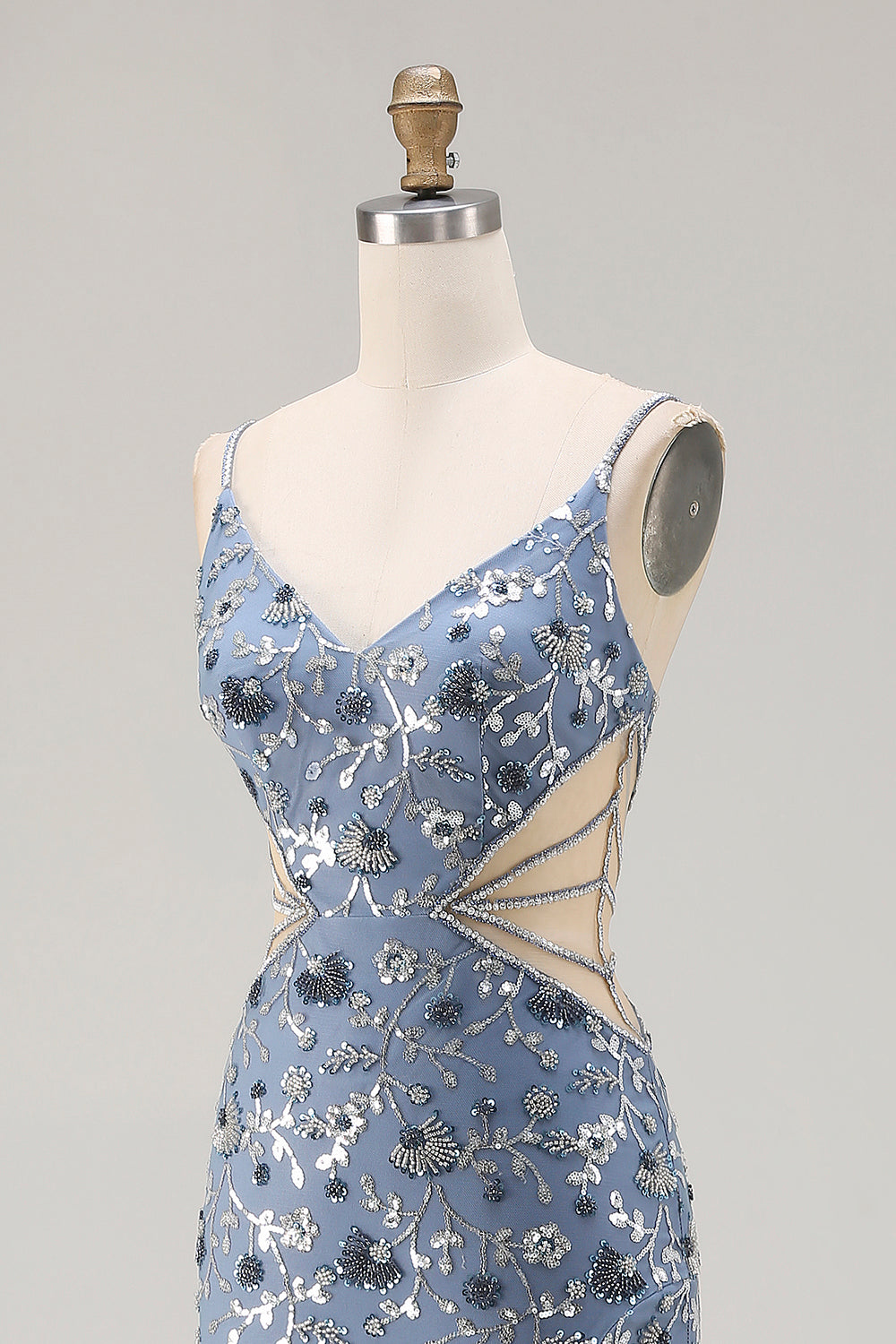 Mermaid Dusty Blue Sequins Beaded Cut Out Long Prom Dress with Slit