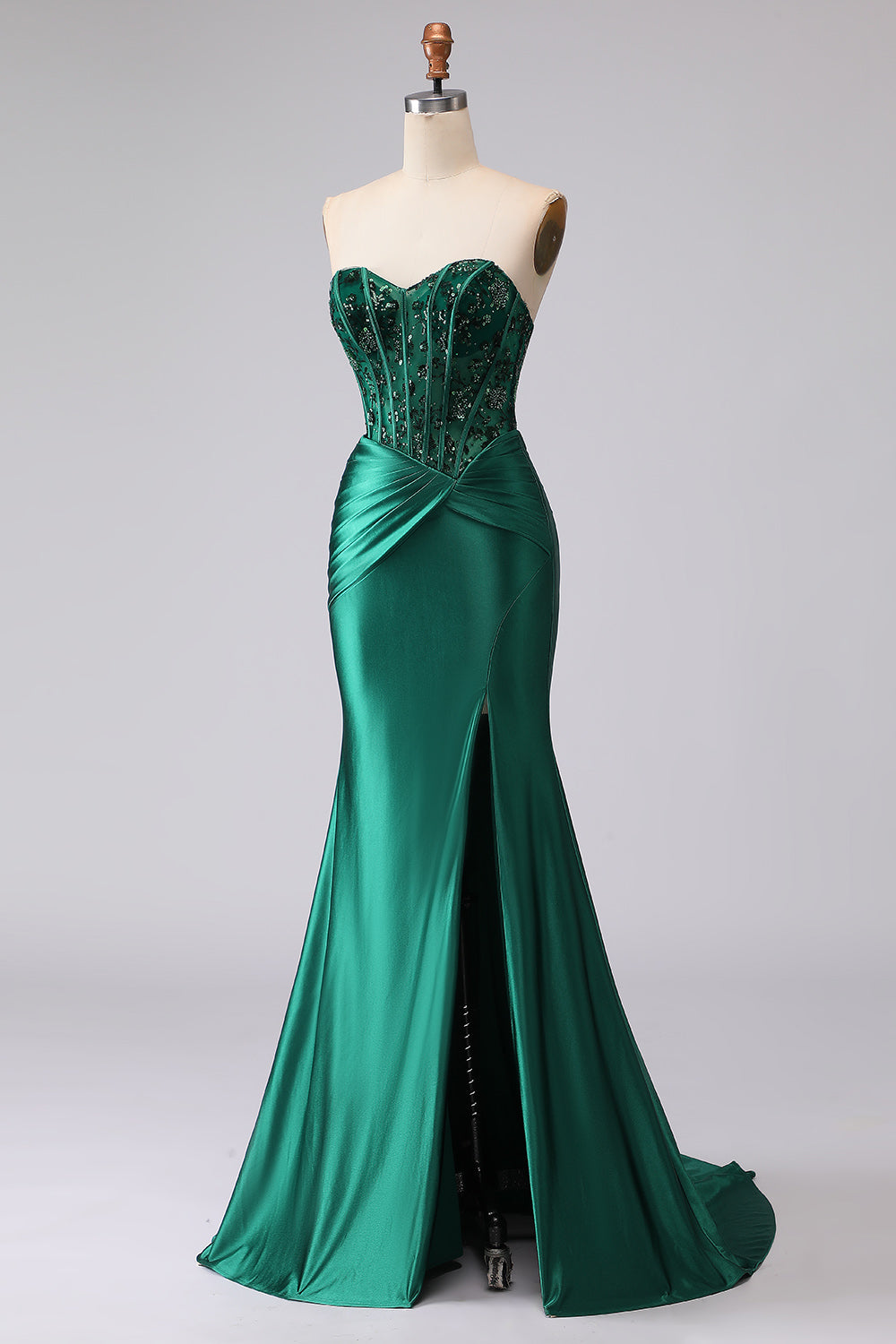 Dark Green Mermaid Strapless Corset Ruched Sequin Lace Up Back Prom Dress with Slit