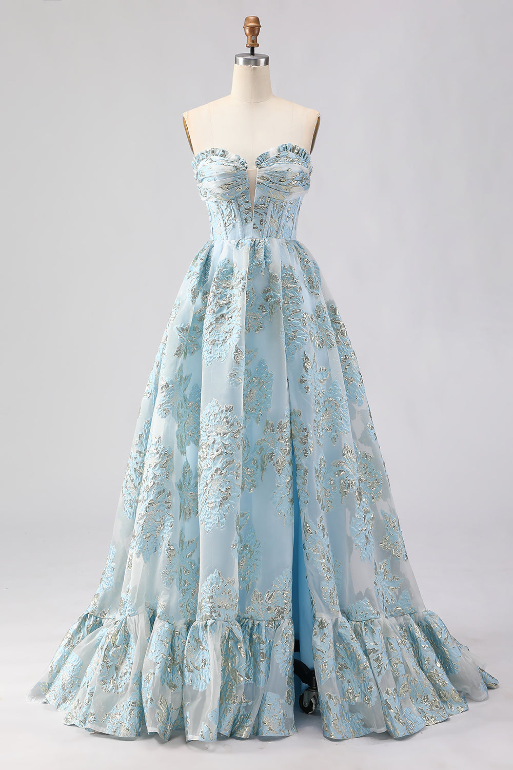Robe de bal longue en jacquard rose coupe trapèze, bustier et fente