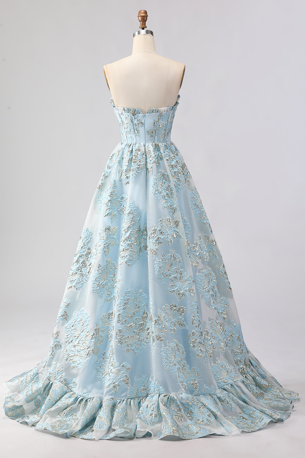 Robe de bal longue en jacquard rose coupe trapèze, bustier et fente