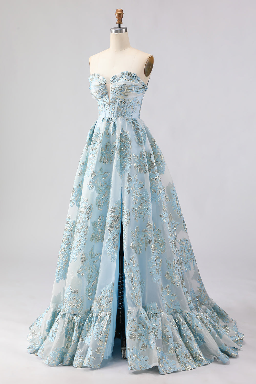 Robe de bal longue en jacquard rose coupe trapèze, bustier et fente