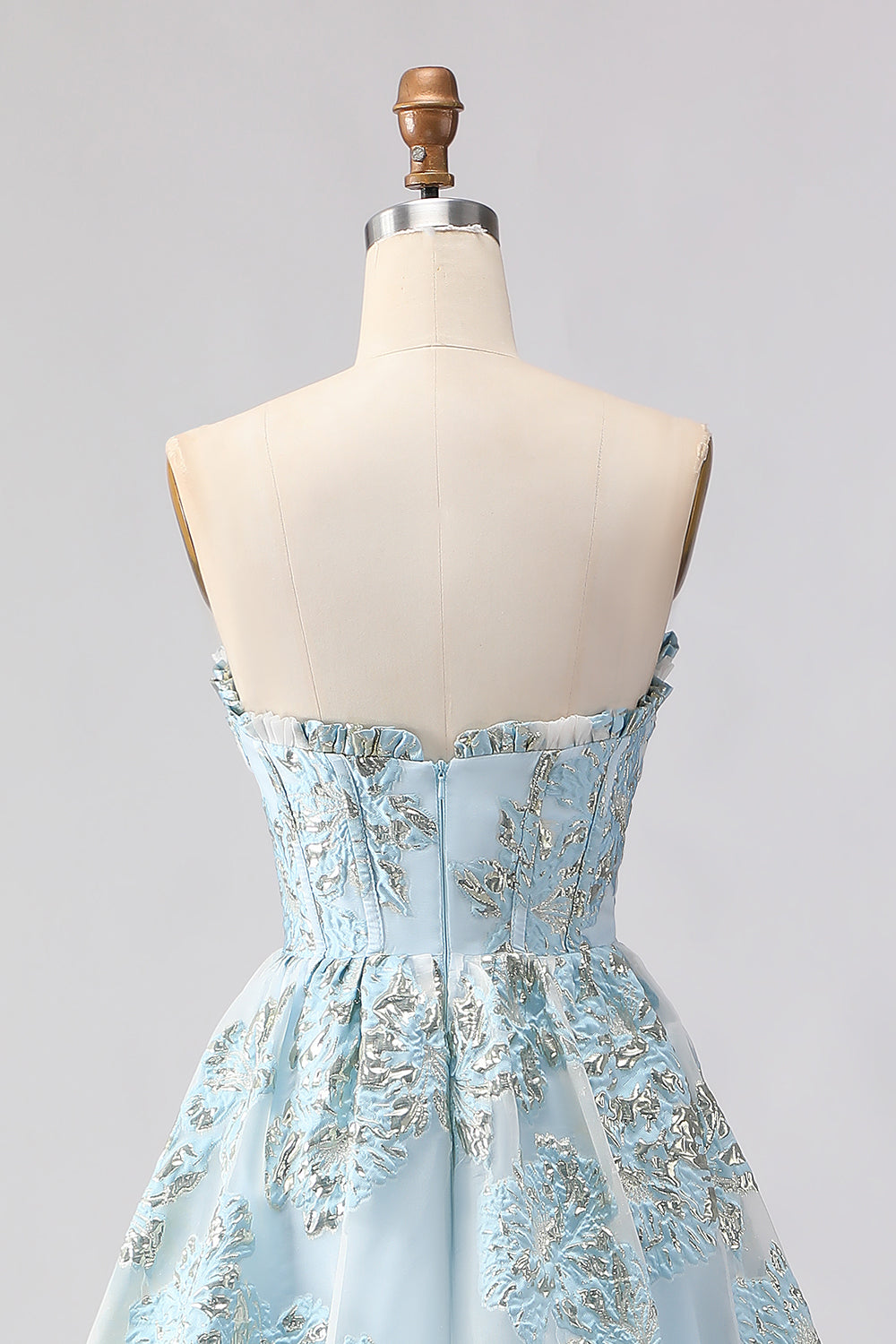 Robe de bal longue en jacquard rose coupe trapèze, bustier et fente