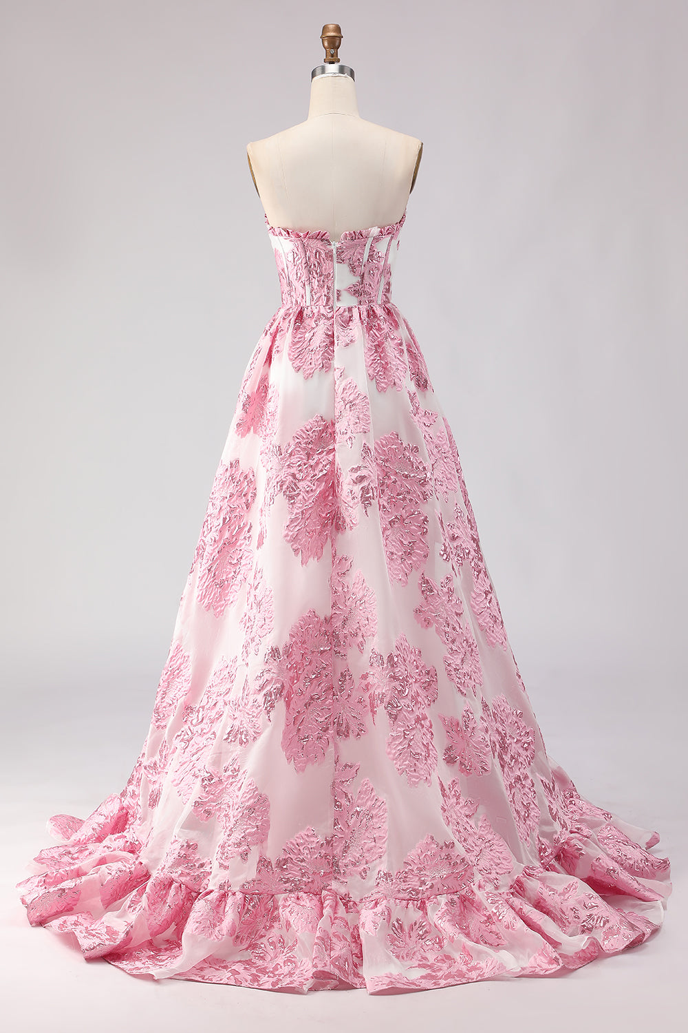 Robe de bal longue en jacquard rose coupe trapèze, bustier et fente