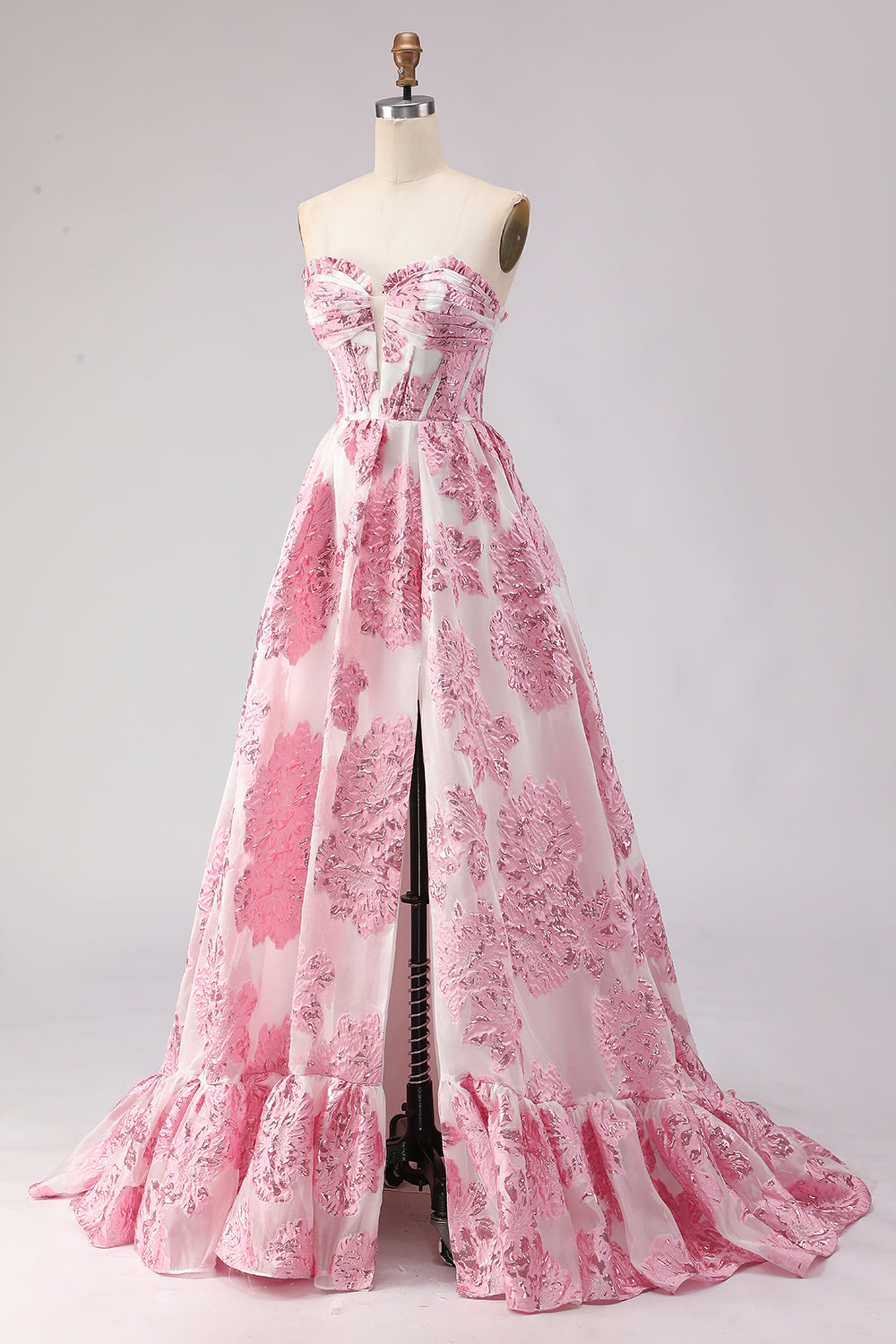 Robe de bal longue en jacquard rose coupe trapèze, bustier et fente