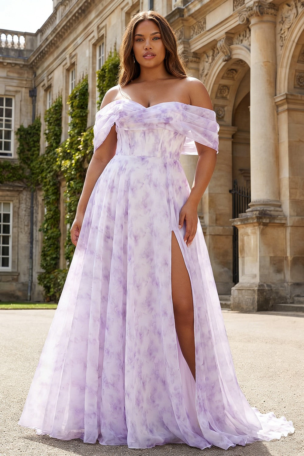Off the Shoulder Lilac Floral A Line Corset Long Plus Size Prom Dress with Slit