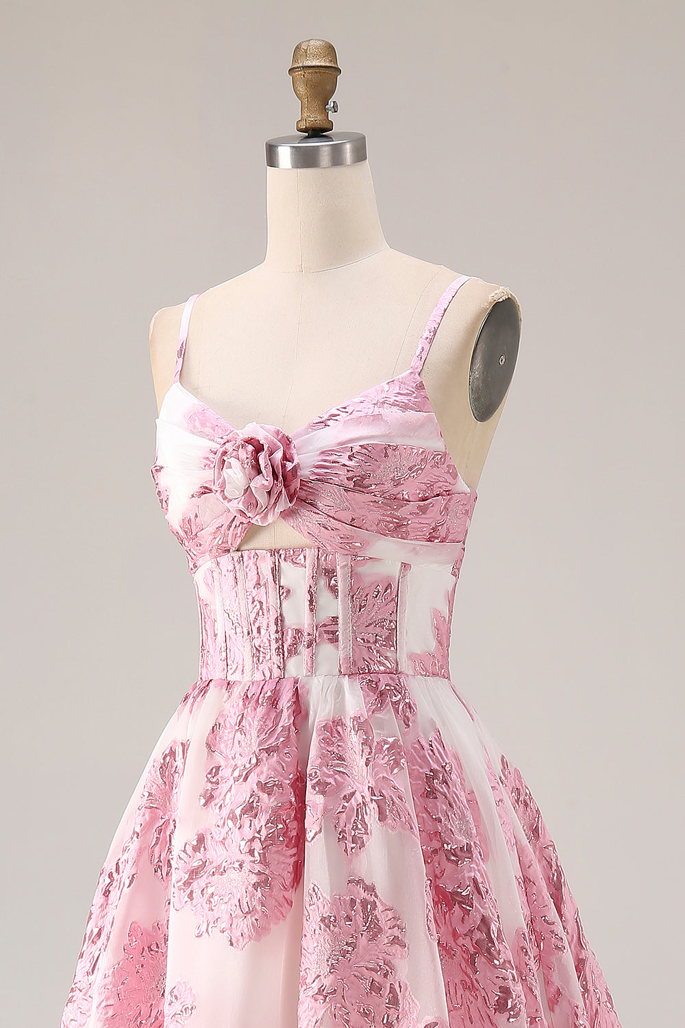 Pink A-Line Cut Out Brocade Jacquard Long Prom Dress with 3D Flower