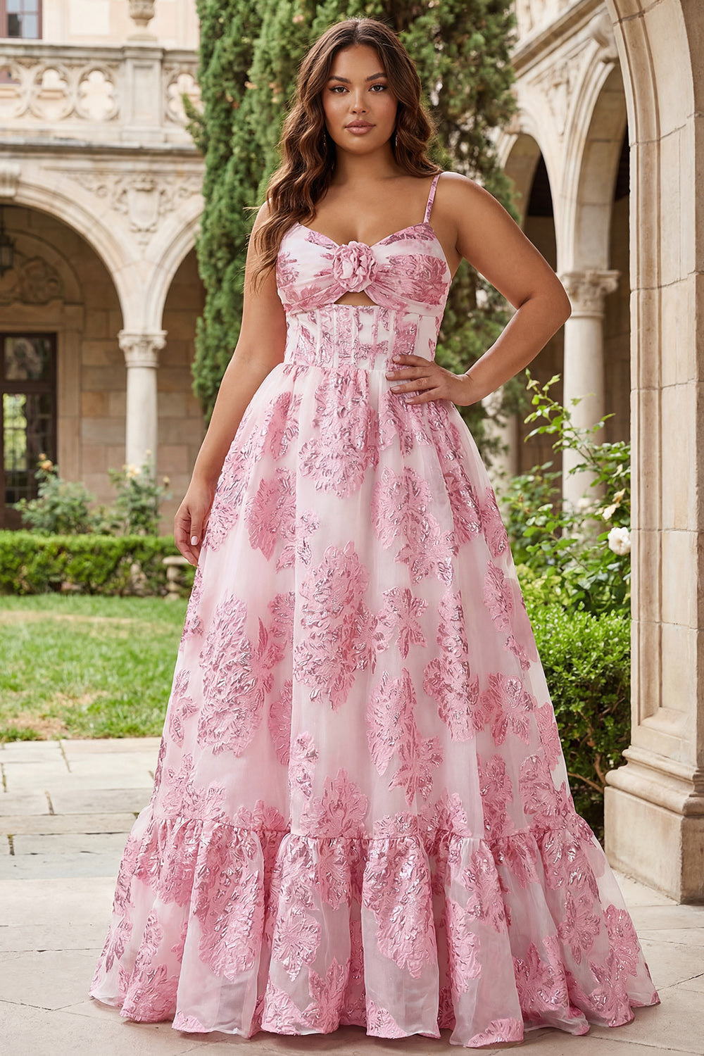 Pink Brocade Jacquard Cut Out A-Line Long Plus Size Prom Dress with 3D Flower