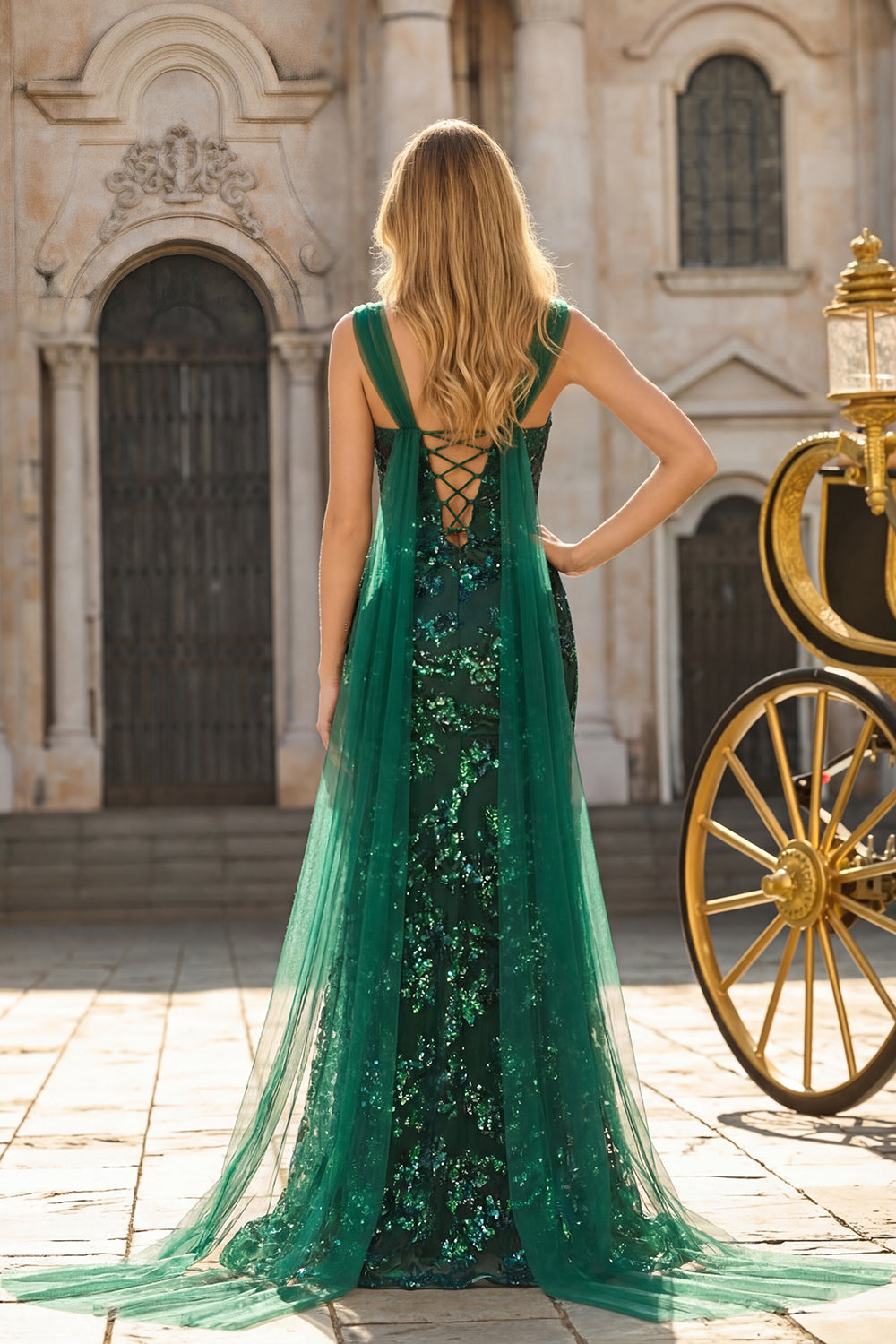 Robe longue de bal vert foncé sirène à sequins avec laçage au dos et fente