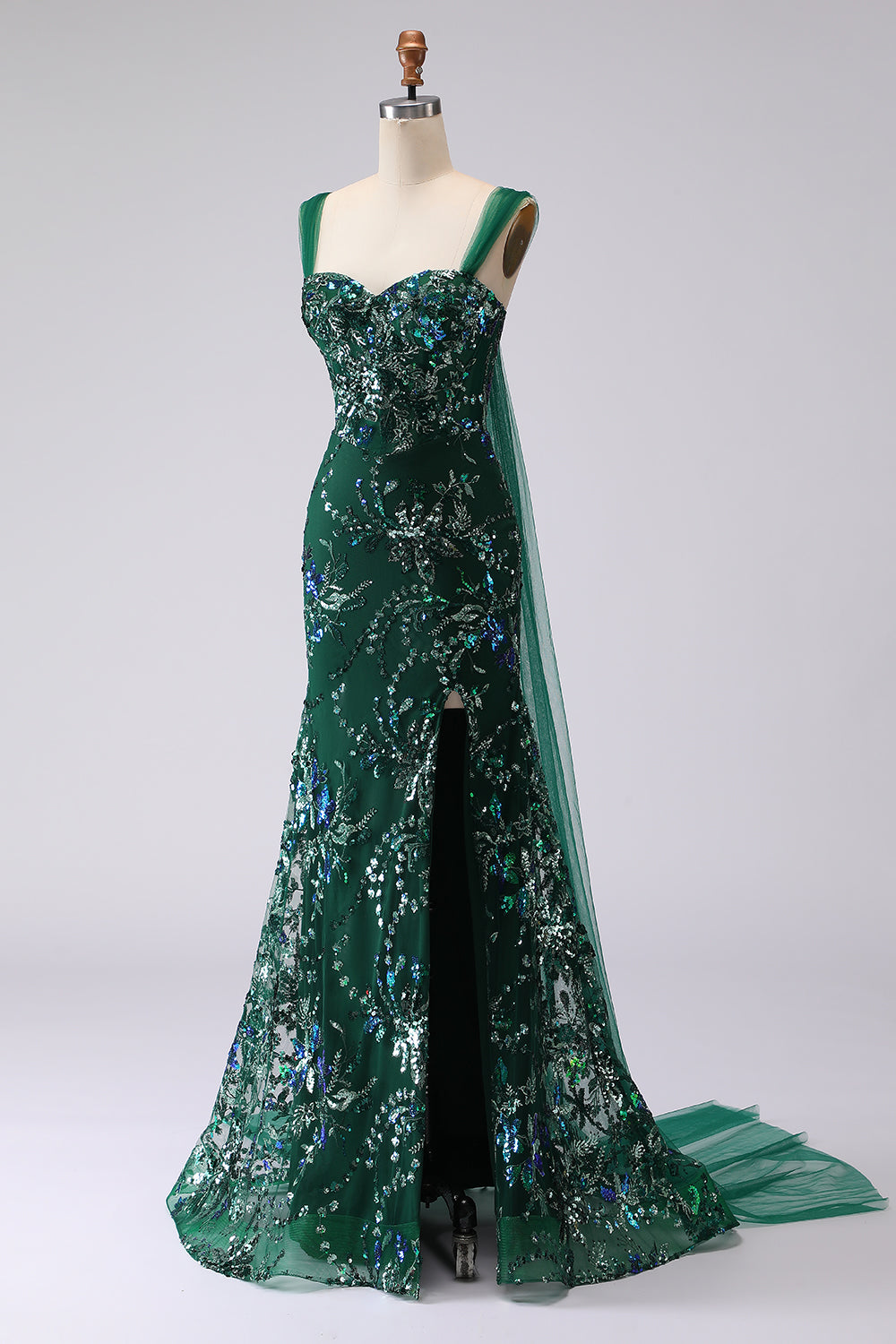 Robe longue de bal vert foncé sirène à sequins avec laçage au dos et fente