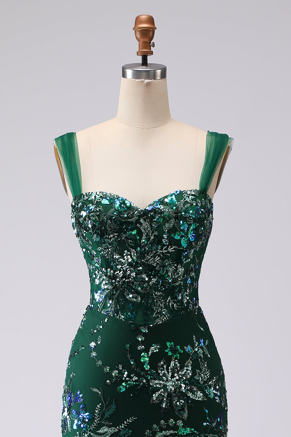 Robe longue de bal vert foncé sirène à sequins avec laçage au dos et fente