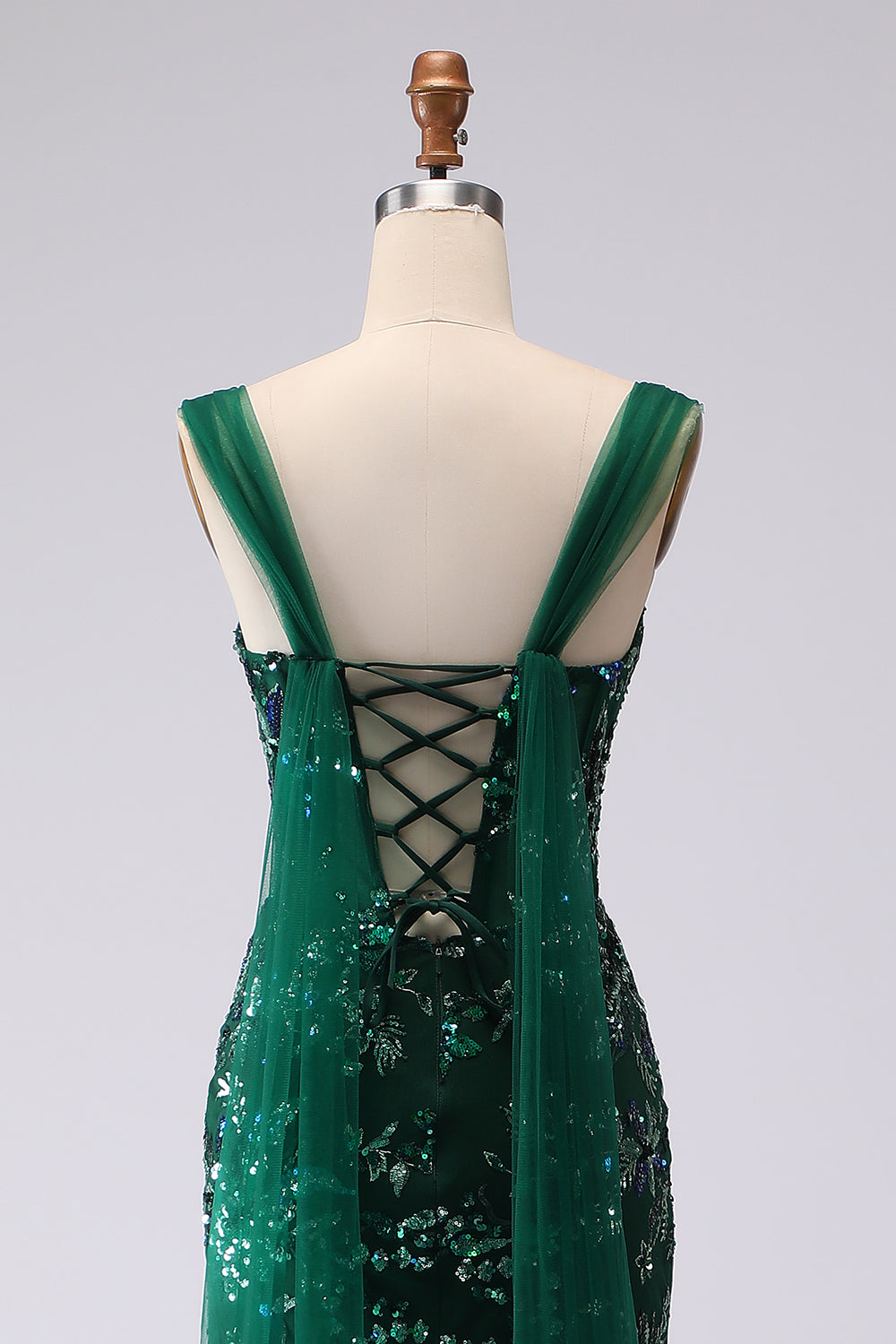 Robe longue de bal vert foncé sirène à sequins avec laçage au dos et fente