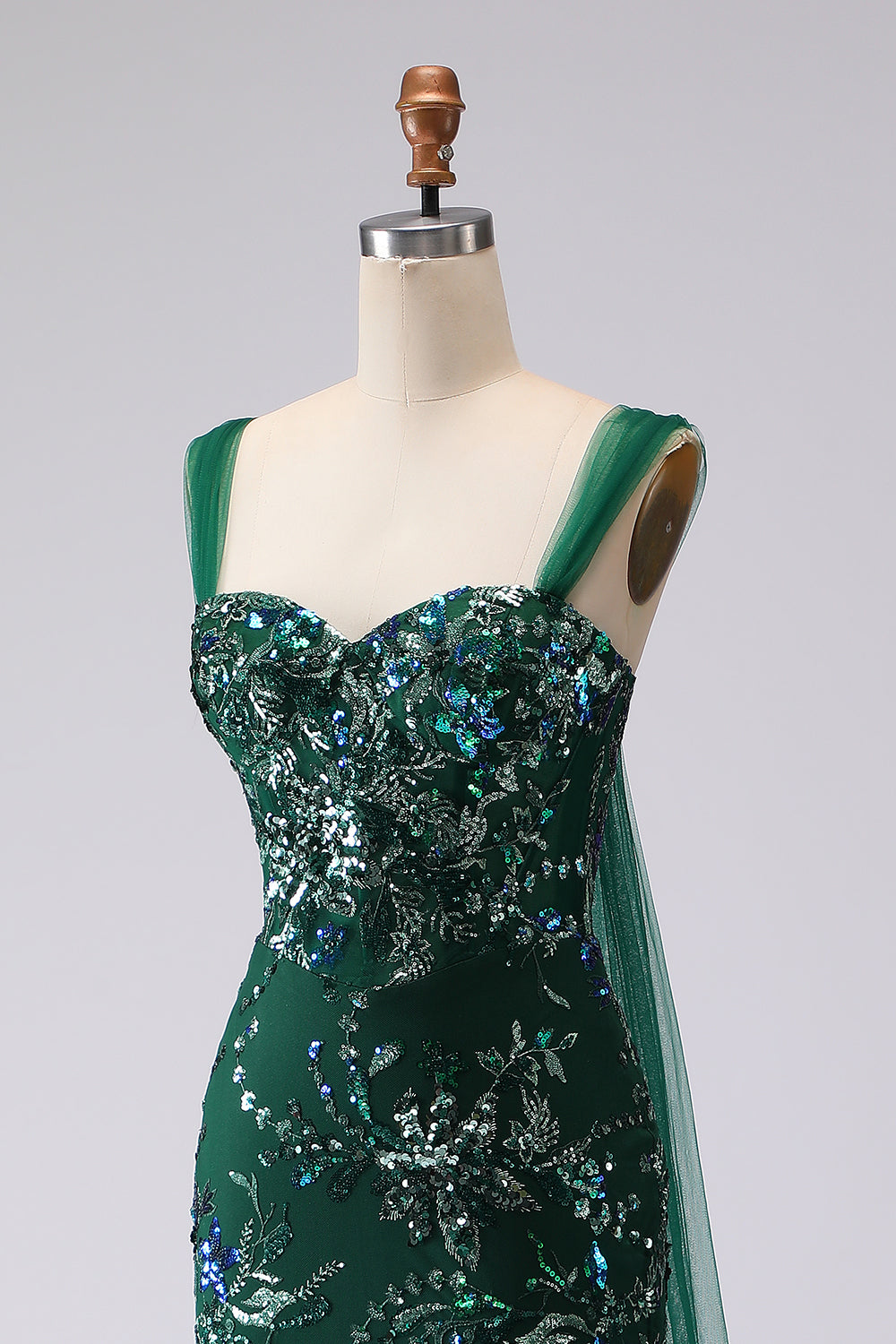 Robe longue de bal vert foncé sirène à sequins avec laçage au dos et fente
