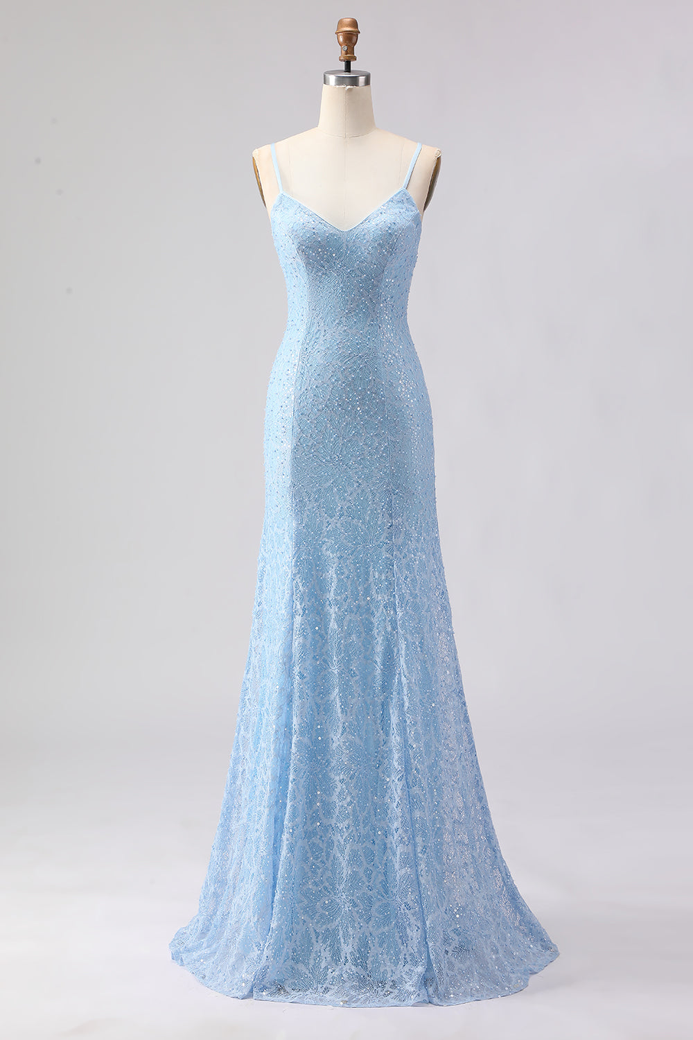 Sky Blue Mermaid Spaghetti Straps Sequins Long Prom Dress with Lace Up Back