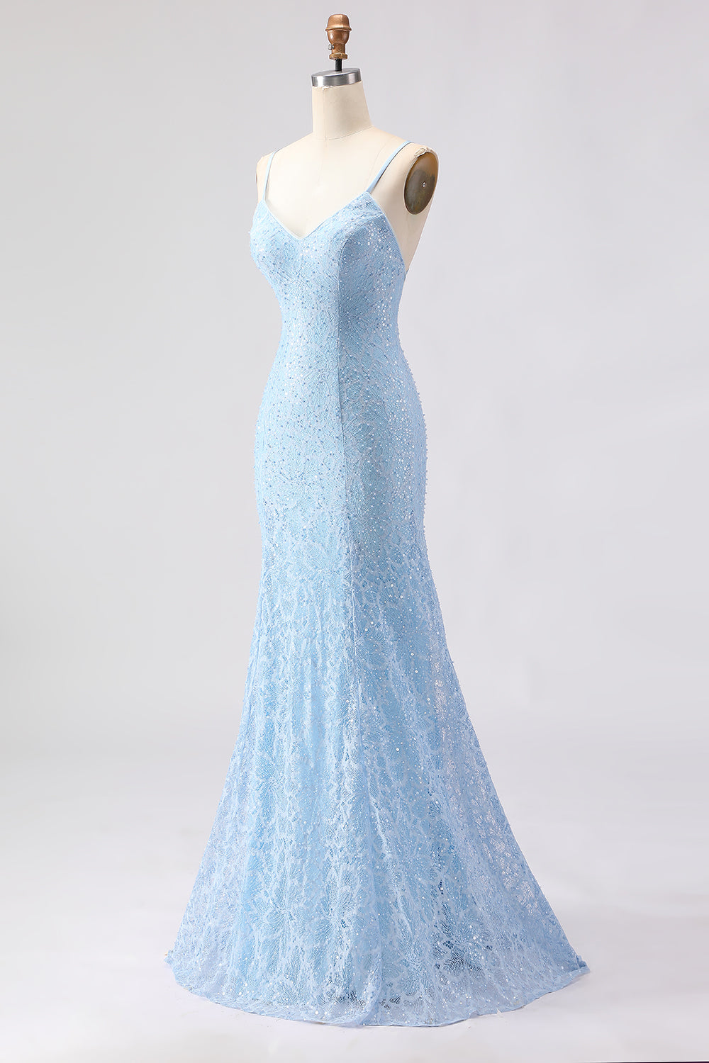 Sky Blue Mermaid Spaghetti Straps Sequins Long Prom Dress with Lace Up Back
