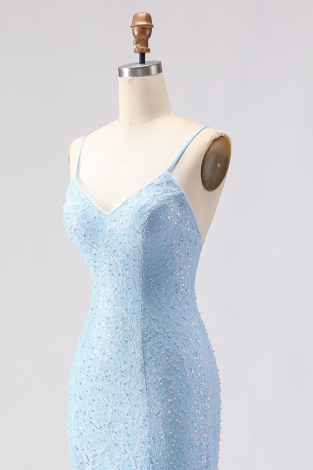 Sky Blue Mermaid Spaghetti Straps Sequins Long Prom Dress with Lace Up Back