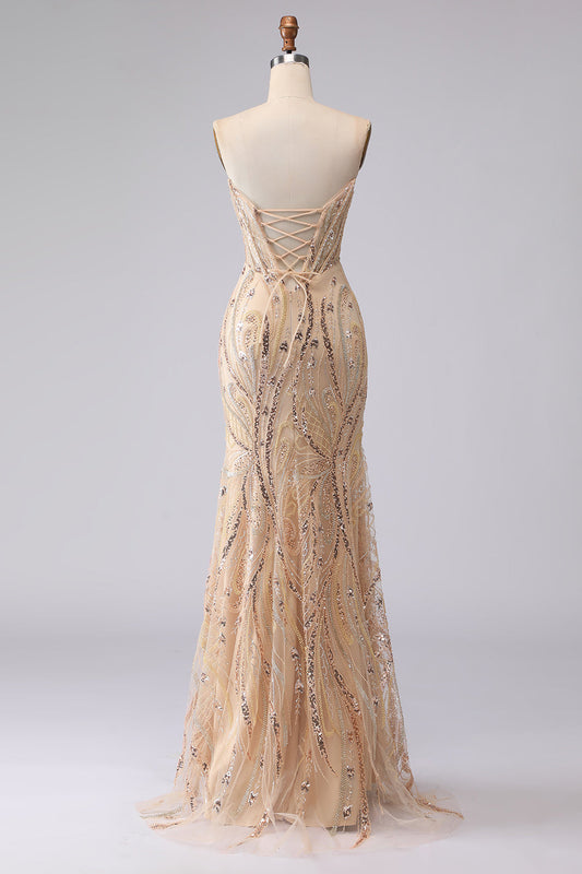 Robe de bal longue champagne sirène bustier ornée de perles et de sequins avec laçage au dos