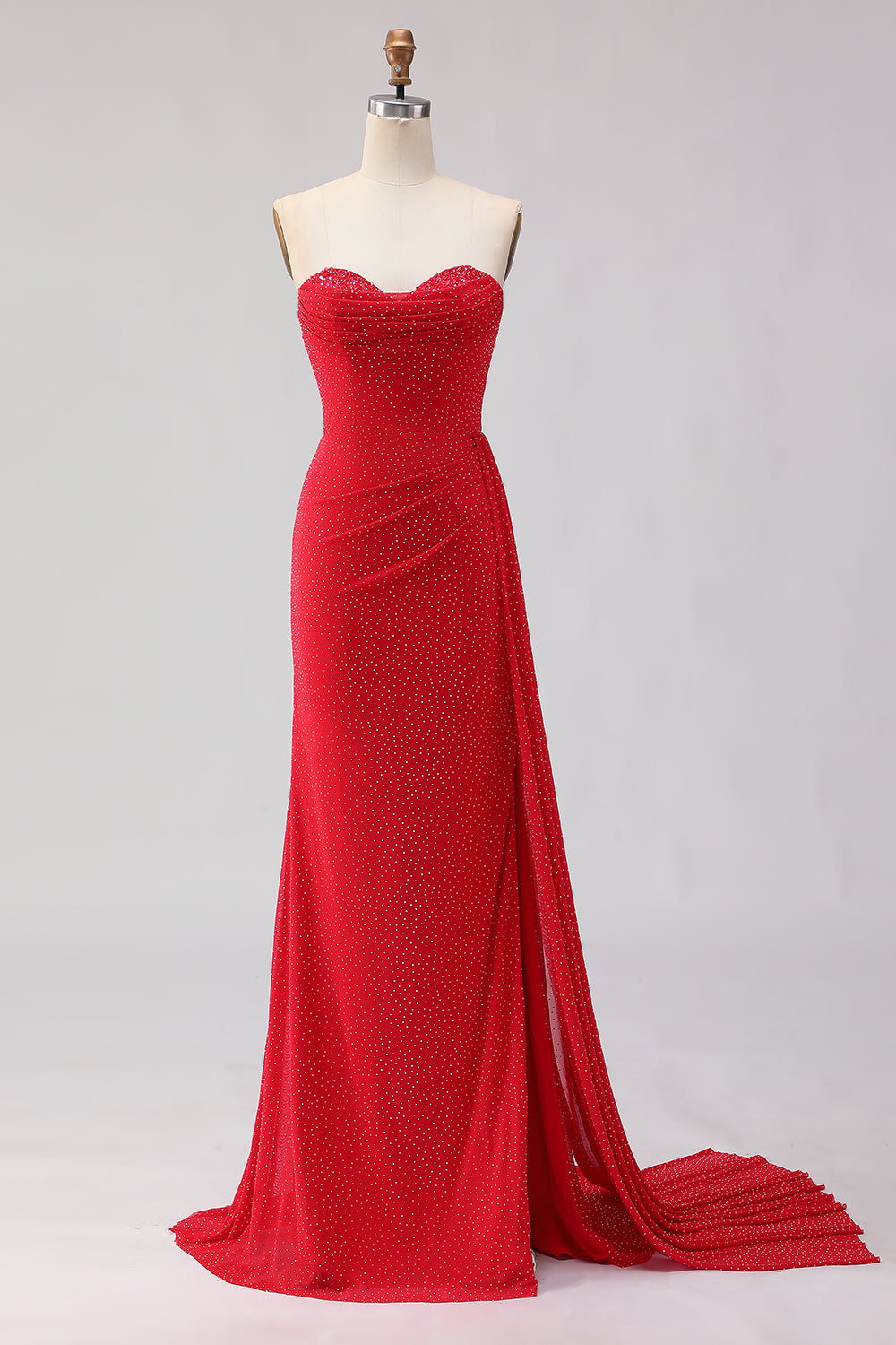 Red Mermaid Strapless Beaded Satin Long Prom Dress with Slit